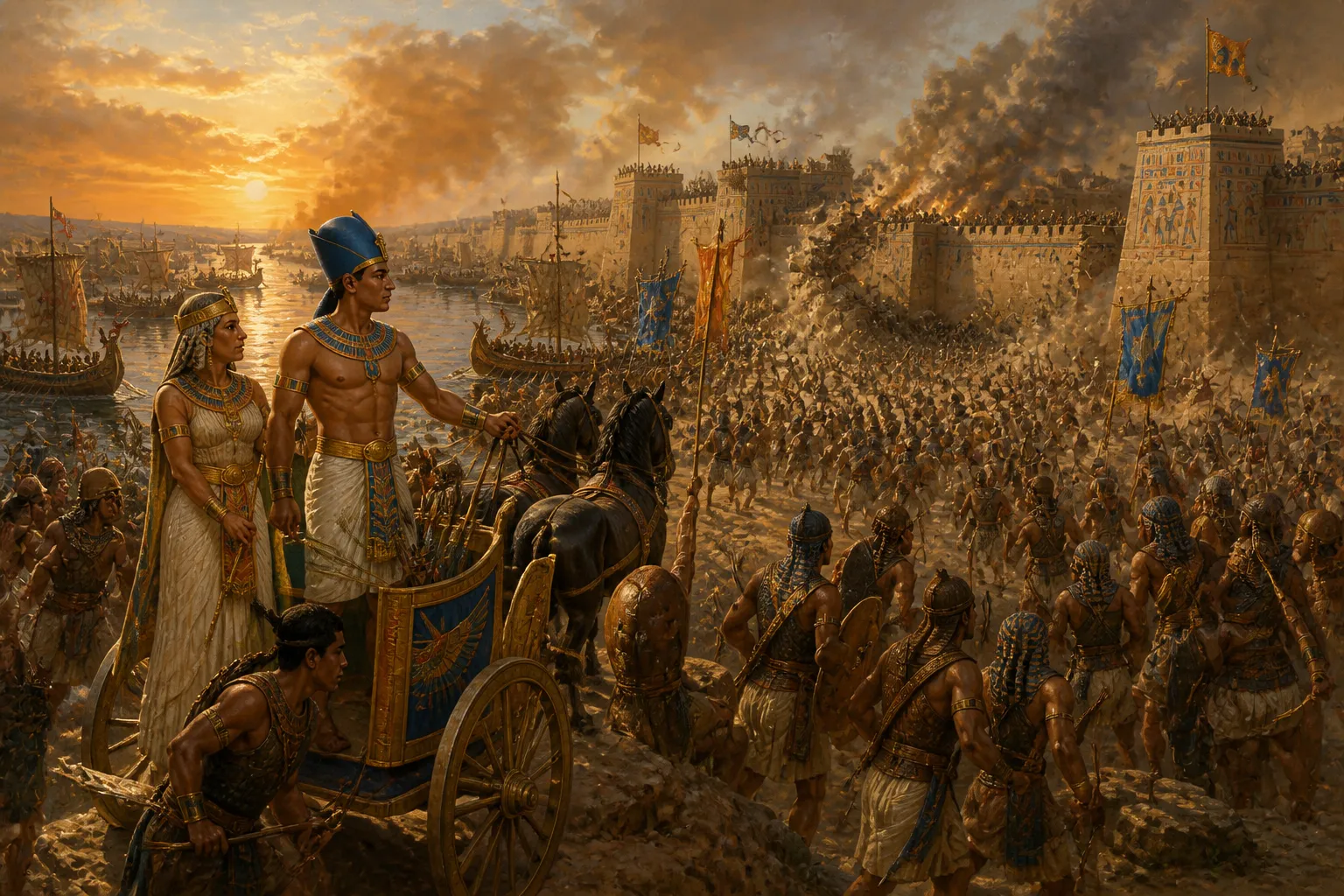 In the heart of Avaris, amidst the chaos of battle, the air is thick with the roar of Ahmose I's triumphant army. The city, once a stronghold of the Hyksos… In the heart of Avaris, amidst the chaos of battle, the air is thick with the roar of Ahmose I's triumphant army. The city, once a stronghold of the Hyksos…