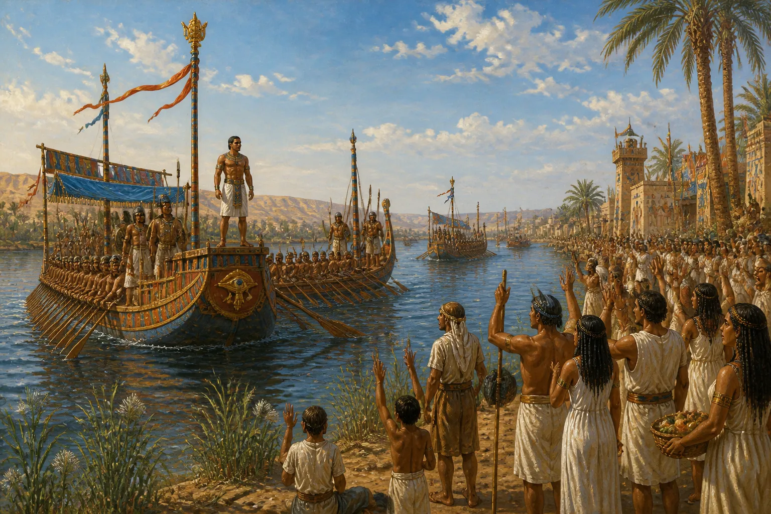 As Ahmose I's forces prepare for the decisive strike at Avaris, the Nile becomes a lifeline for his campaign, a flowing path of destiny. As Ahmose I's forces prepare for the decisive strike at Avaris, the Nile becomes a lifeline for his campaign, a flowing path of destiny.