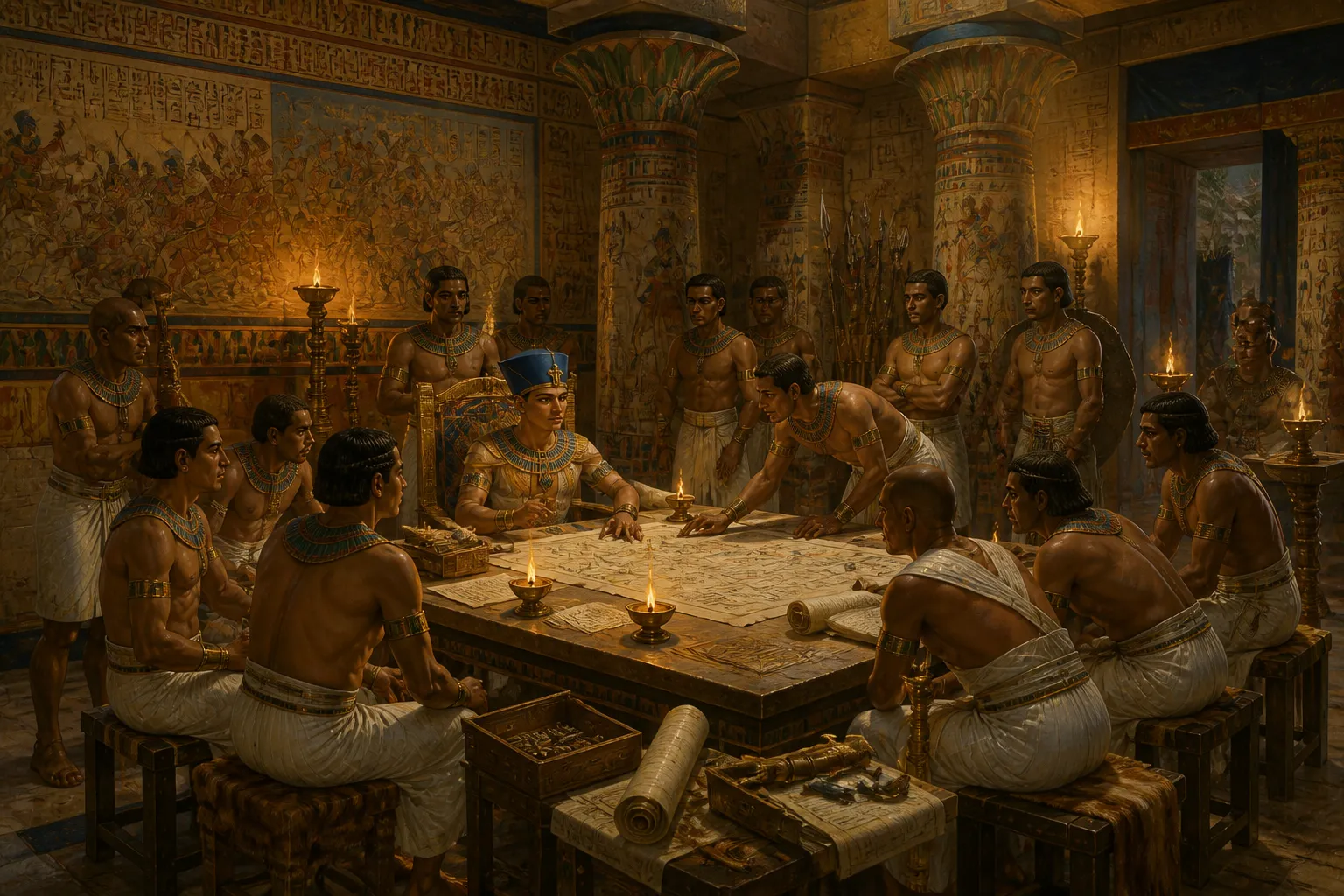 In the grand council chamber of Thebes, a space where the pulse of the nation beats strongest, military commanders gather to debrief the Hyksos campaign. In the grand council chamber of Thebes, a space where the pulse of the nation beats strongest, military commanders gather to debrief the Hyksos campaign.