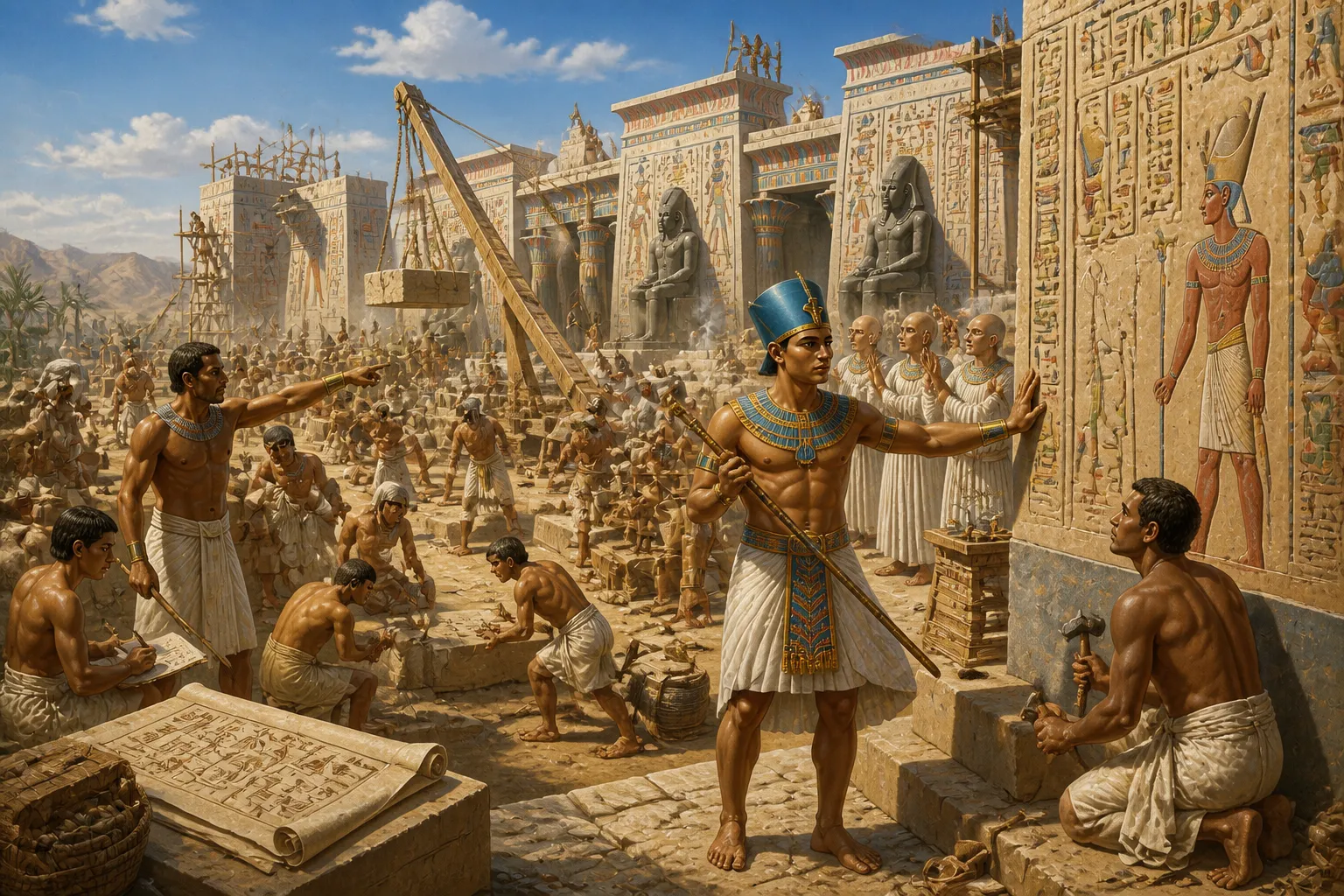 At Abydos, a sacred city revered for its connection to Osiris, Ahmose I supervises the construction of a temple to honor the god of the afterlife. At Abydos, a sacred city revered for its connection to Osiris, Ahmose I supervises the construction of a temple to honor the god of the afterlife.