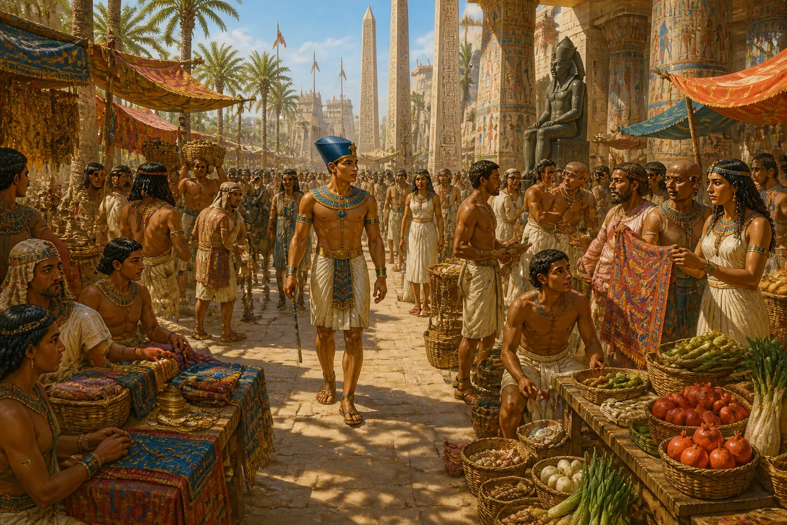 The years following the Hyksos expulsion mark the dawn of the New Kingdom, a time of rejuvenation and hope. At a vibrant market in Thebes, trade flourishes… The years following the Hyksos expulsion mark the dawn of the New Kingdom, a time of rejuvenation and hope. At a vibrant market in Thebes, trade flourishes…