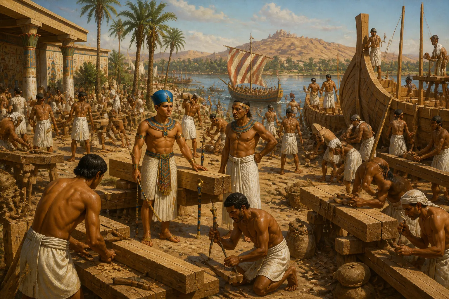 Along the banks of the Nile, just north of Thebes, Ahmose I surveys a site where a new fleet is being constructed, a vision of strength and renewal for the New… Along the banks of the Nile, just north of Thebes, Ahmose I surveys a site where a new fleet is being constructed, a vision of strength and renewal for the New…