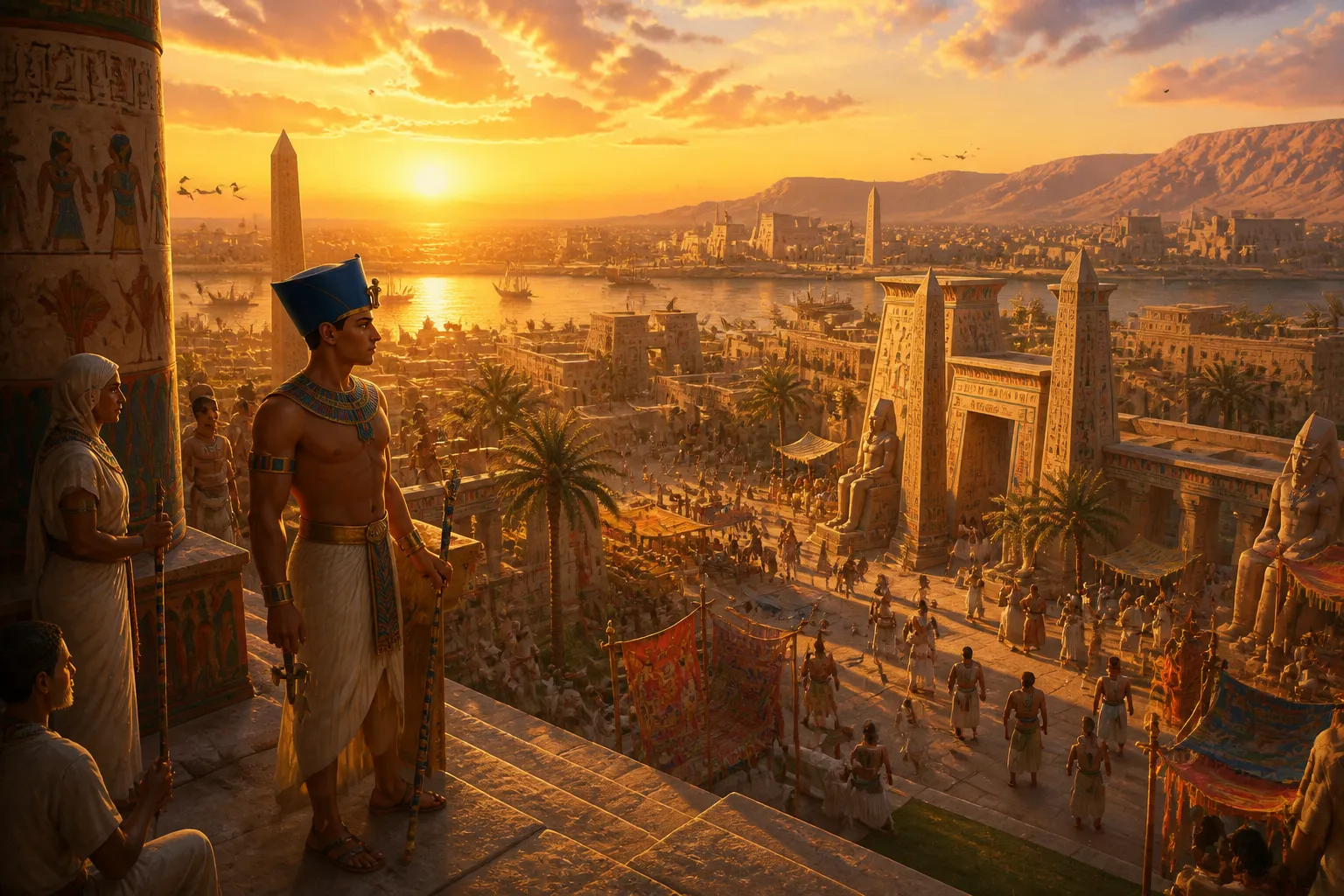 As the sun sets over Thebes, the city stands resplendent, a beacon of the New Kingdom's power and unity. The evening call to prayer fills the air, echoing… As the sun sets over Thebes, the city stands resplendent, a beacon of the New Kingdom's power and unity. The evening call to prayer fills the air, echoing…