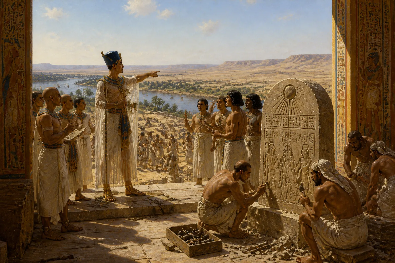 On the bare plains between the cliffs and the Nile, Akhenaten halts with a grand vision. Before him stands the land that will bear his city, Akhetaten, a… On the bare plains between the cliffs and the Nile, Akhenaten halts with a grand vision. Before him stands the land that will bear his city, Akhetaten, a…