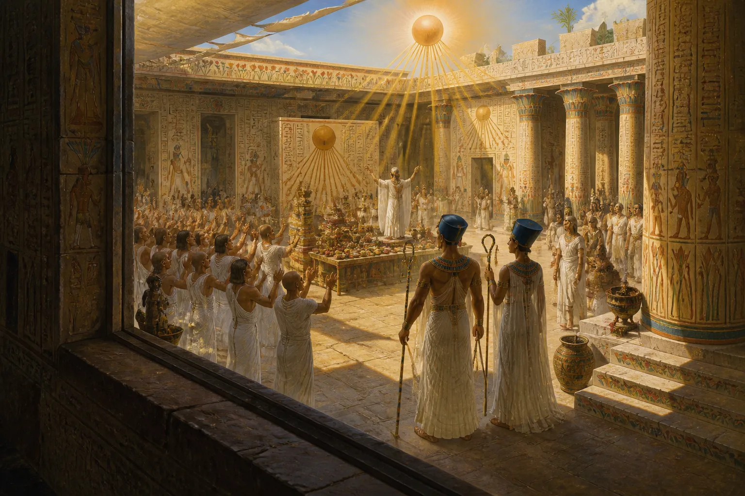 In the heart of Akhetaten, the Great Temple of Aten stands as a beacon of faith and singular devotion. Light flows through open courtyards, bathing the sacred… In the heart of Akhetaten, the Great Temple of Aten stands as a beacon of faith and singular devotion. Light flows through open courtyards, bathing the sacred…