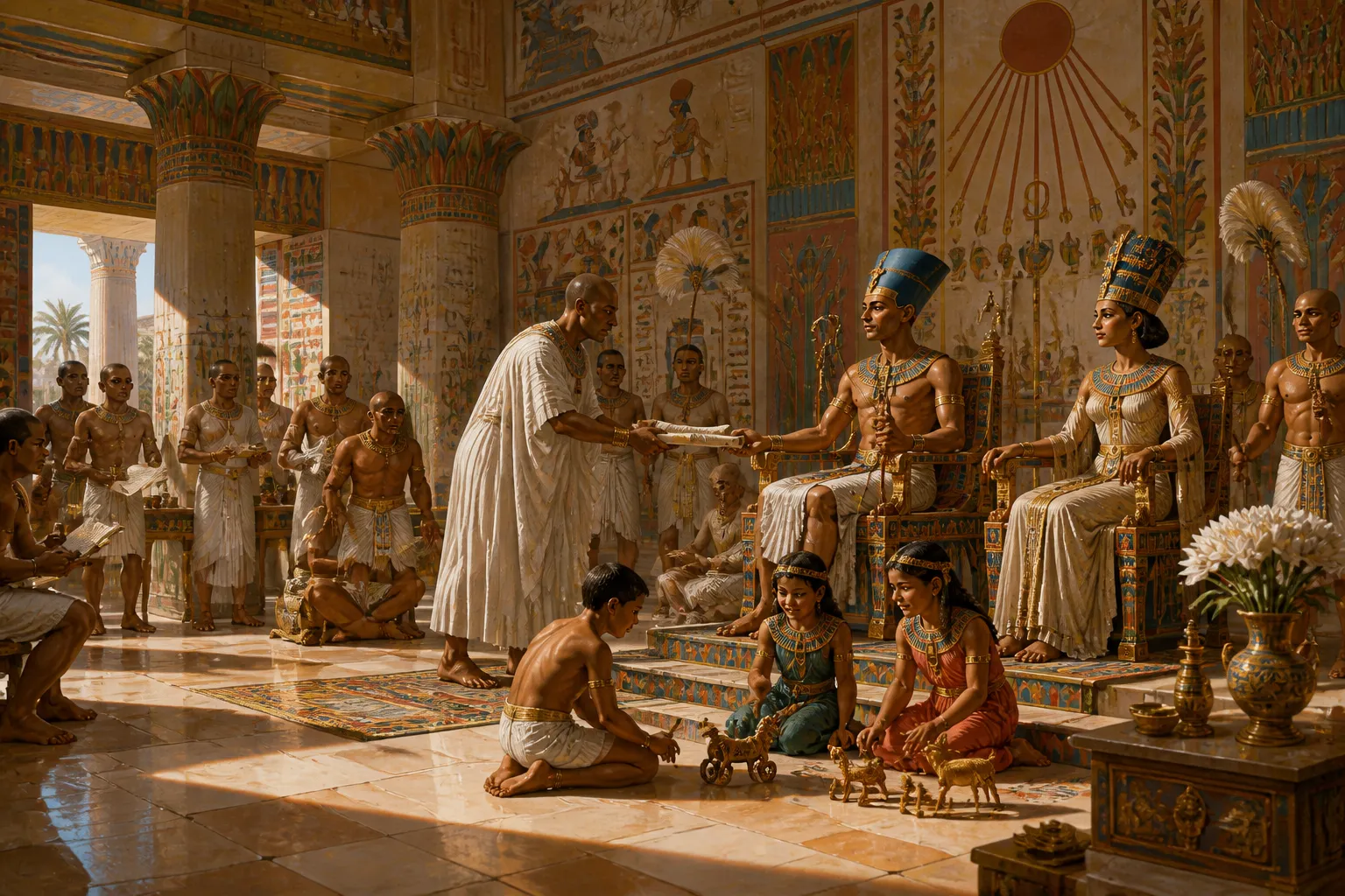 In the cool shade of the palace, a sanctuary of grandeur and authority, Akhenaten and Nefertiti sit majestically upon their thrones, flanked by their daughters… In the cool shade of the palace, a sanctuary of grandeur and authority, Akhenaten and Nefertiti sit majestically upon their thrones, flanked by their daughters…