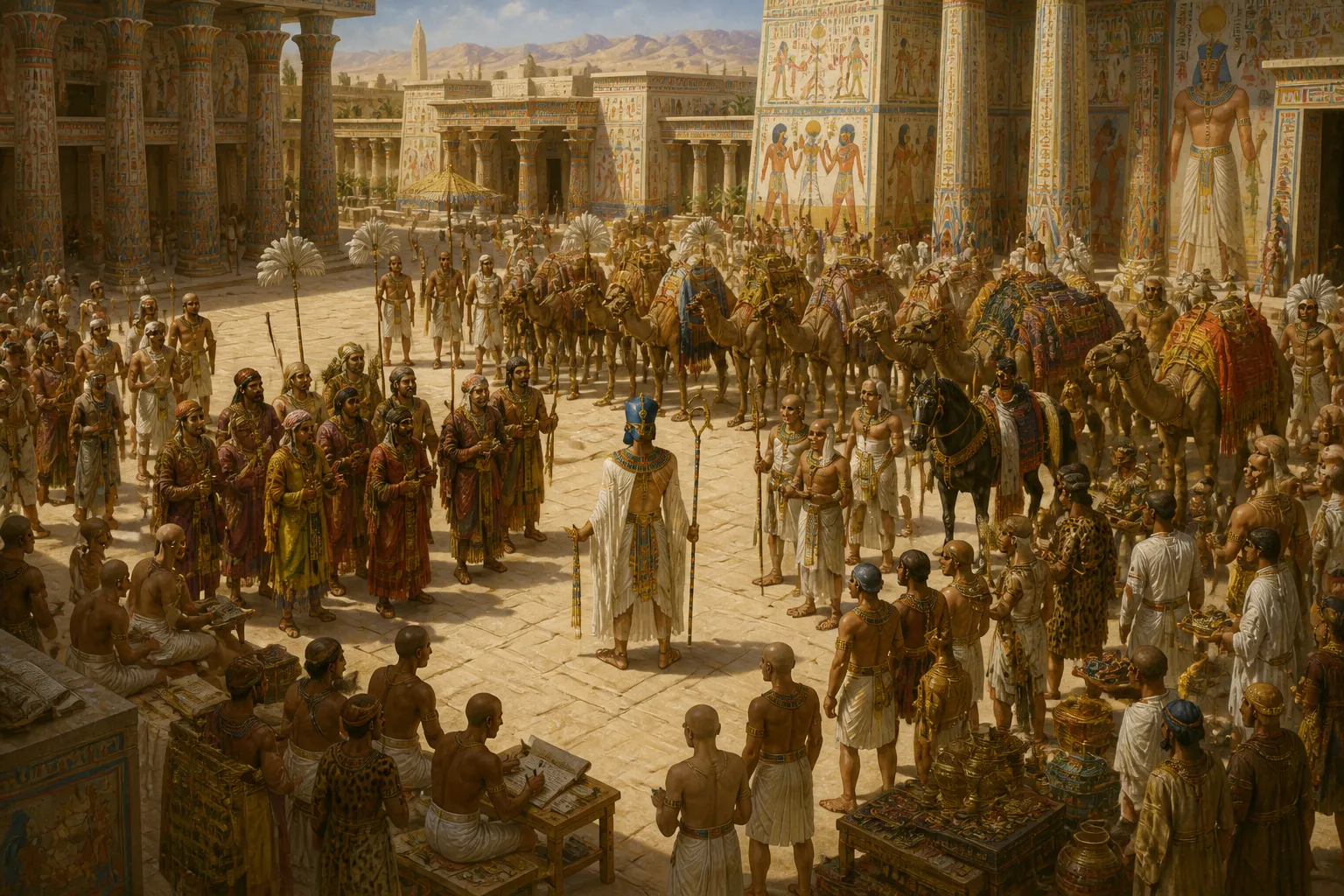 At the gates of Akhetaten, a caravan approaches, a procession of splendor and significance, bearing gifts and messages from distant lands. At the gates of Akhetaten, a caravan approaches, a procession of splendor and significance, bearing gifts and messages from distant lands.
