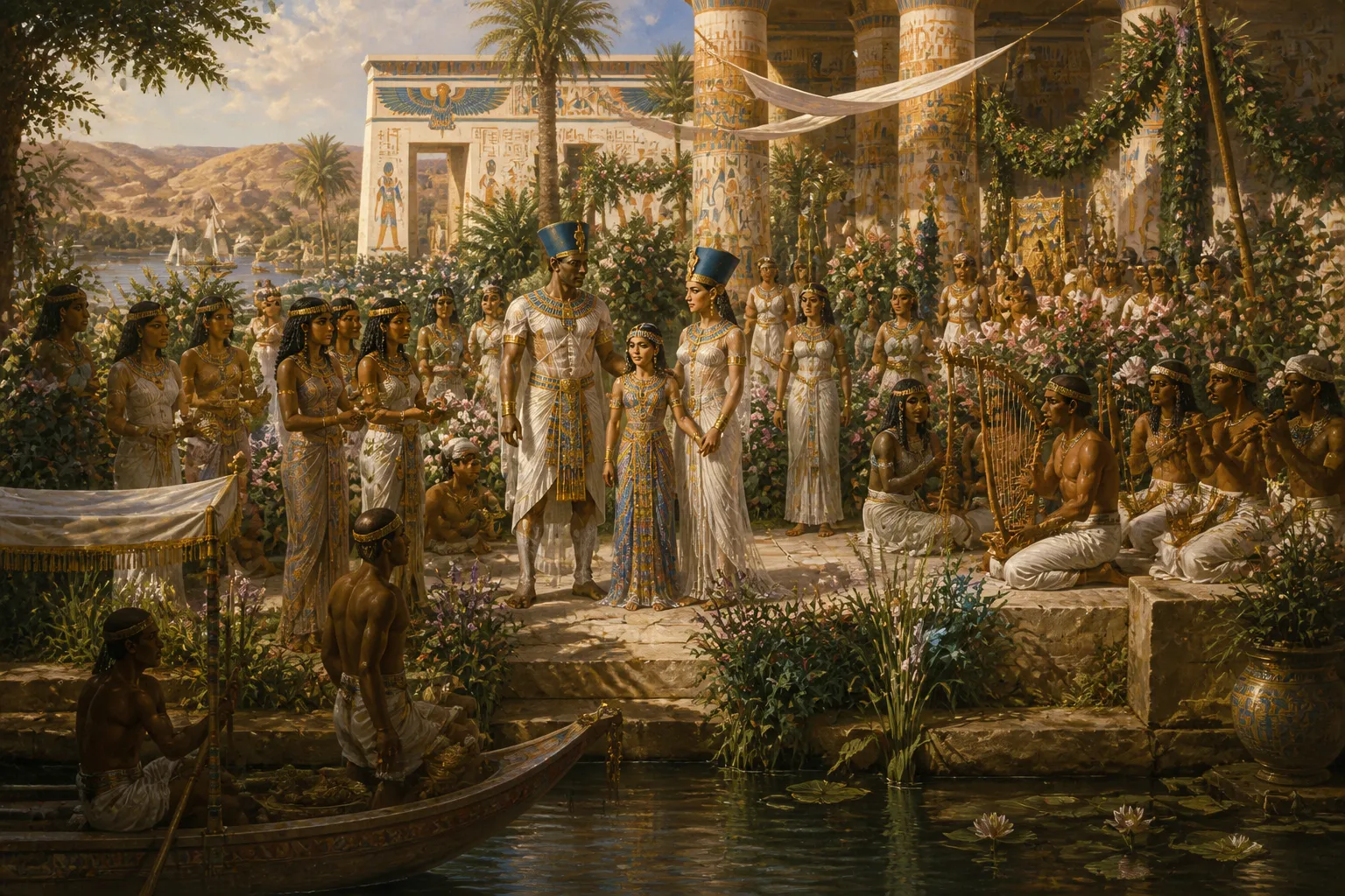 In the private gardens of the palace, a sanctuary of lush beauty and serenity, Meritaten is betrothed under the soft, dappled shade of towering palm trees. In the private gardens of the palace, a sanctuary of lush beauty and serenity, Meritaten is betrothed under the soft, dappled shade of towering palm trees.