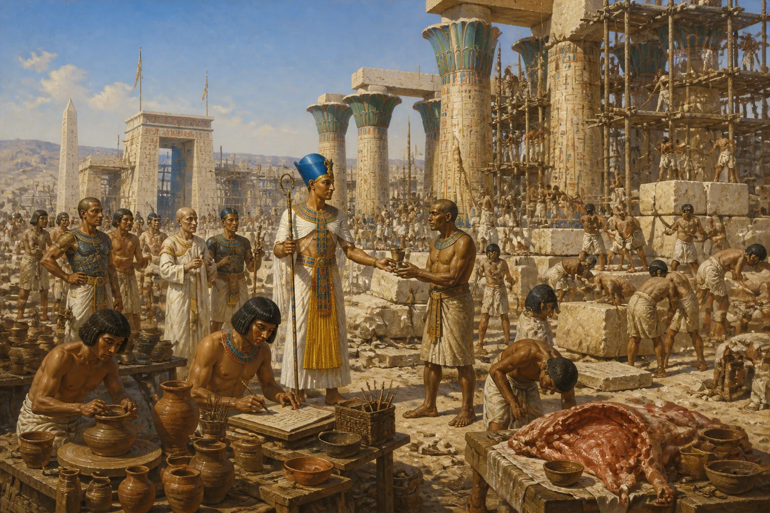At the construction site of a new temple, an arena of ambition and architectural innovation, architect Bek stands among towering pillars, his vision taking… At the construction site of a new temple, an arena of ambition and architectural innovation, architect Bek stands among towering pillars, his vision taking…