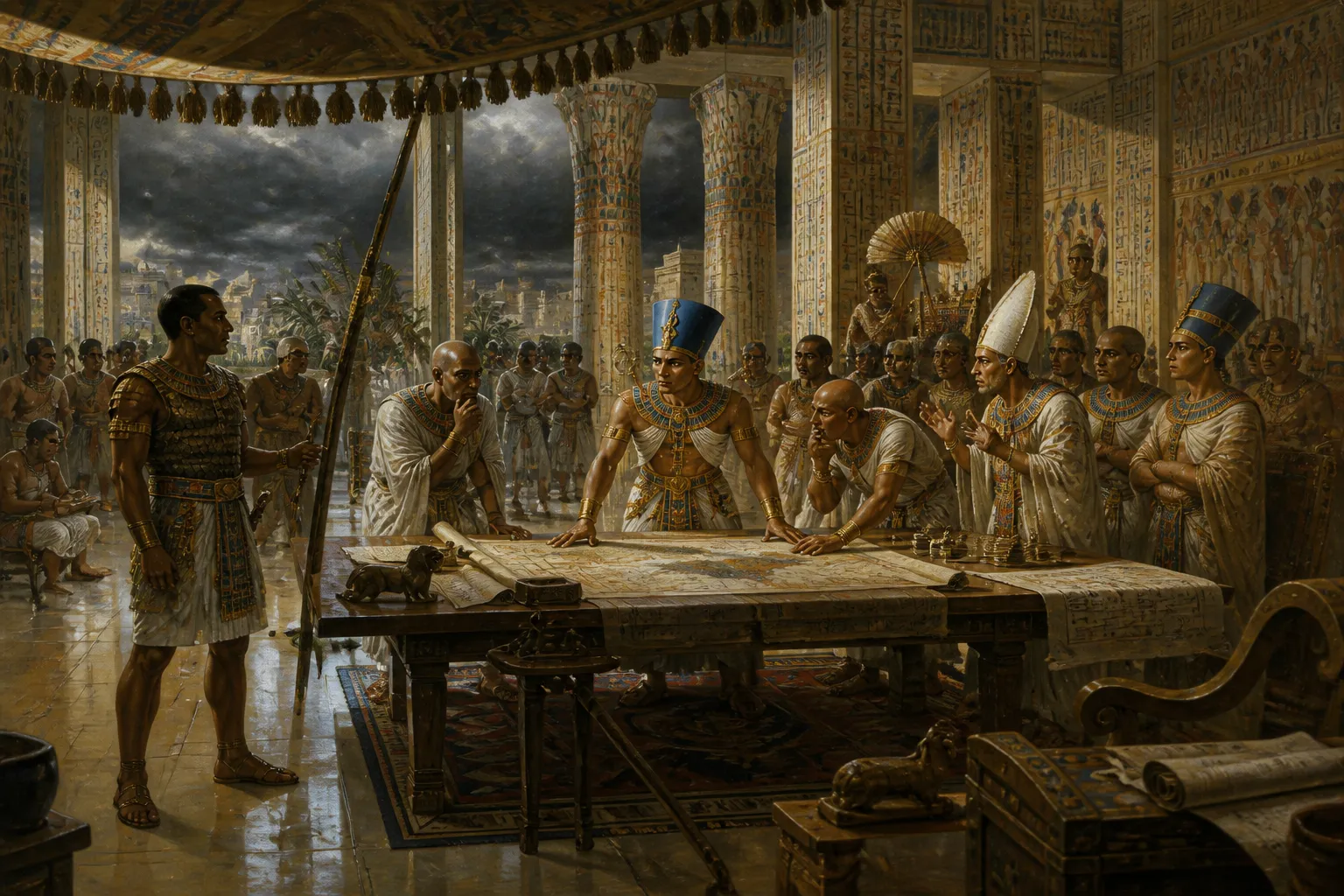 In the twilight of Akhetaten, as the sun sets over the golden sands, debates arise within the court about the future of the city. In the twilight of Akhetaten, as the sun sets over the golden sands, debates arise within the court about the future of the city.