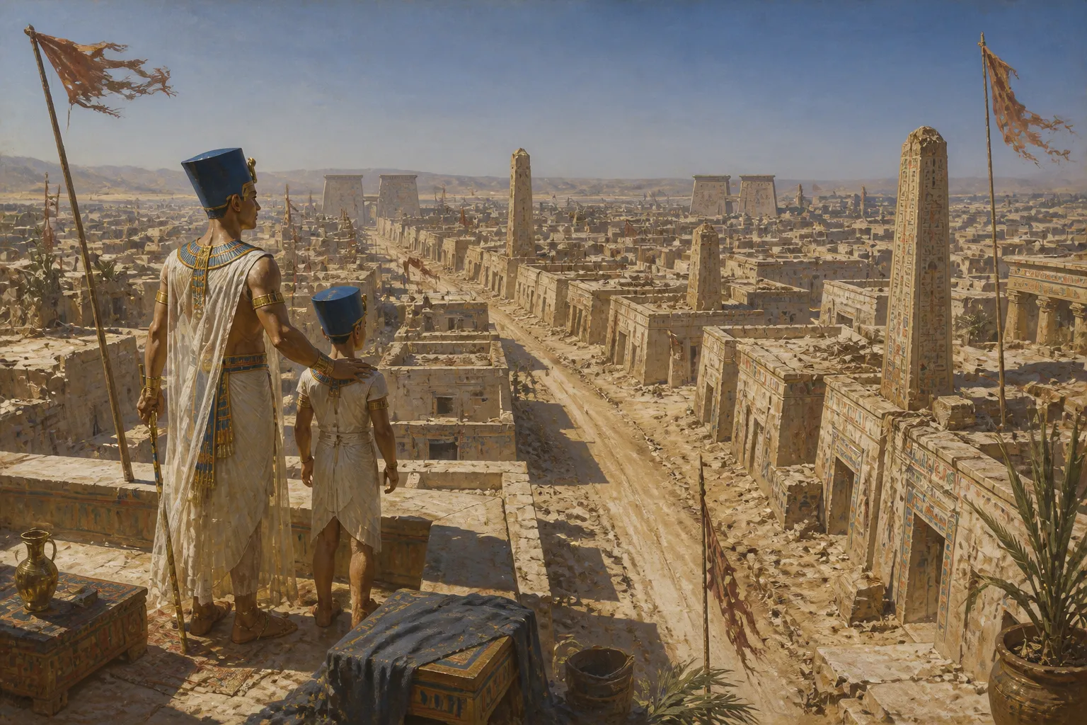 Years after its founding, Akhetaten stands silent and empty, a ghost city under the relentless sun, its once-thriving streets now filled with drifting sand. Years after its founding, Akhetaten stands silent and empty, a ghost city under the relentless sun, its once-thriving streets now filled with drifting sand.