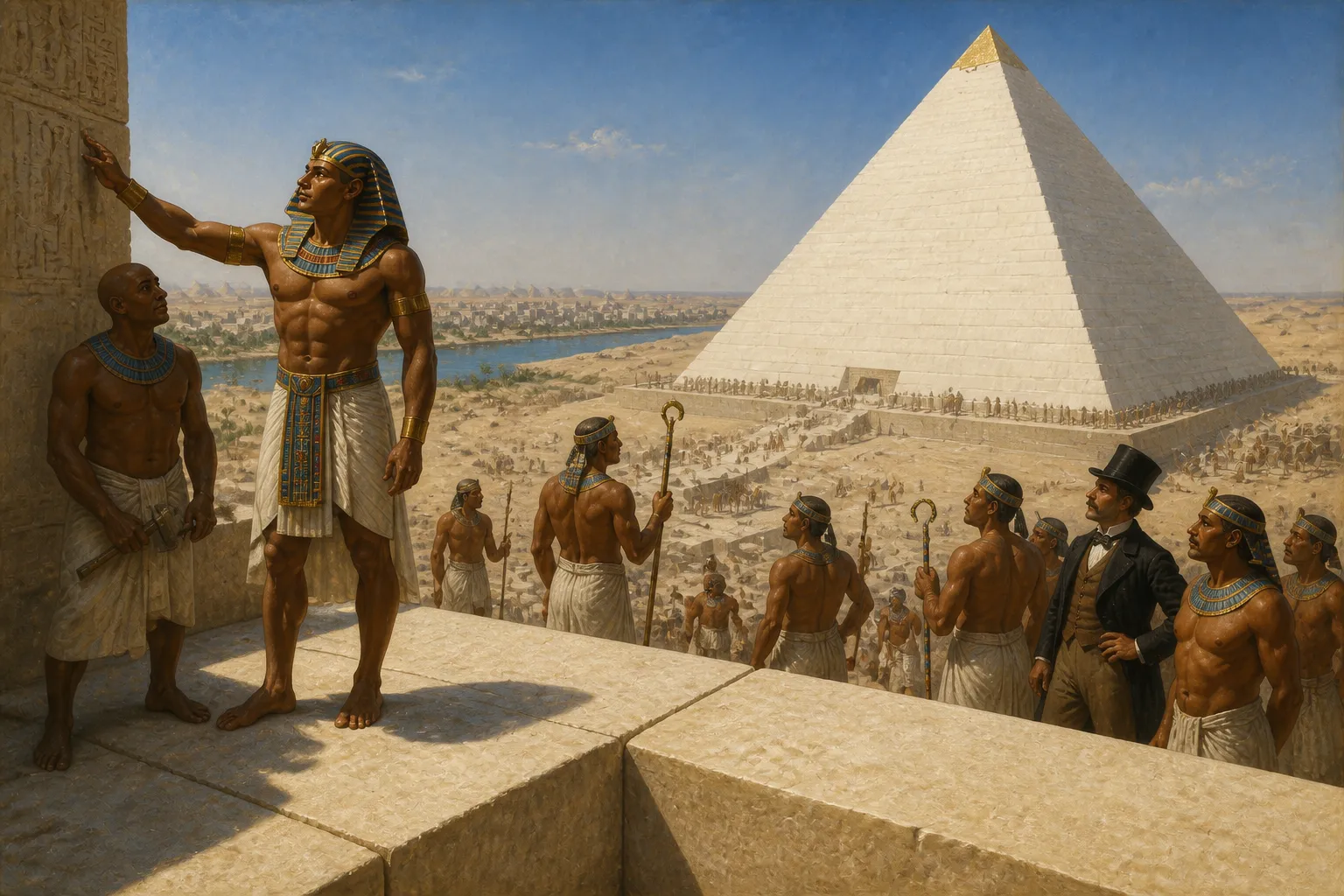 Vor Ihnen steht die Große Pyramide von Gizeh, wie sie einst war, eine Vision architektonischer Perfektion. Eingehüllt in polierten weißen Tura-Kalkstein… Vor Ihnen steht die Große Pyramide von Gizeh, wie sie einst war, eine Vision architektonischer Perfektion. Eingehüllt in polierten weißen Tura-Kalkstein…