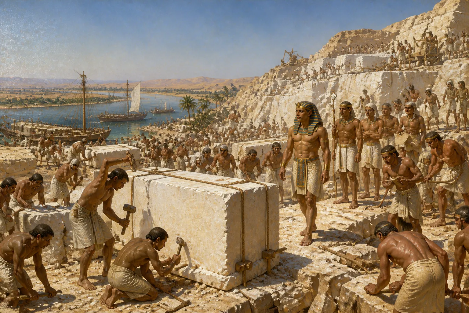 In den Steinbrüchen von Tura schufteten Arbeiter unter der sengenden Sonne und meißelten den weißen Kalkstein, der die Große Pyramide umhüllen sollte. In den Steinbrüchen von Tura schufteten Arbeiter unter der sengenden Sonne und meißelten den weißen Kalkstein, der die Große Pyramide umhüllen sollte.