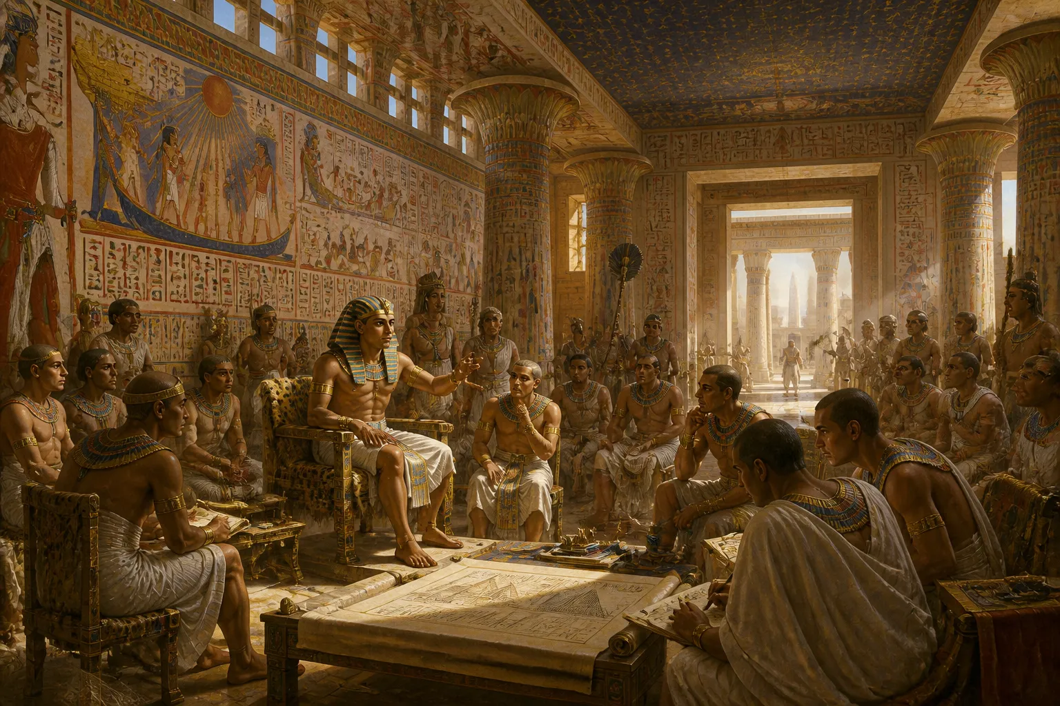 In der großen Halle von Memphis herrscht Pharao Khufu über seinen Hof und legt seine kosmische Vision dar. Umgeben von Beratern und Architekten, vibriert die… In der großen Halle von Memphis herrscht Pharao Khufu über seinen Hof und legt seine kosmische Vision dar. Umgeben von Beratern und Architekten, vibriert die…