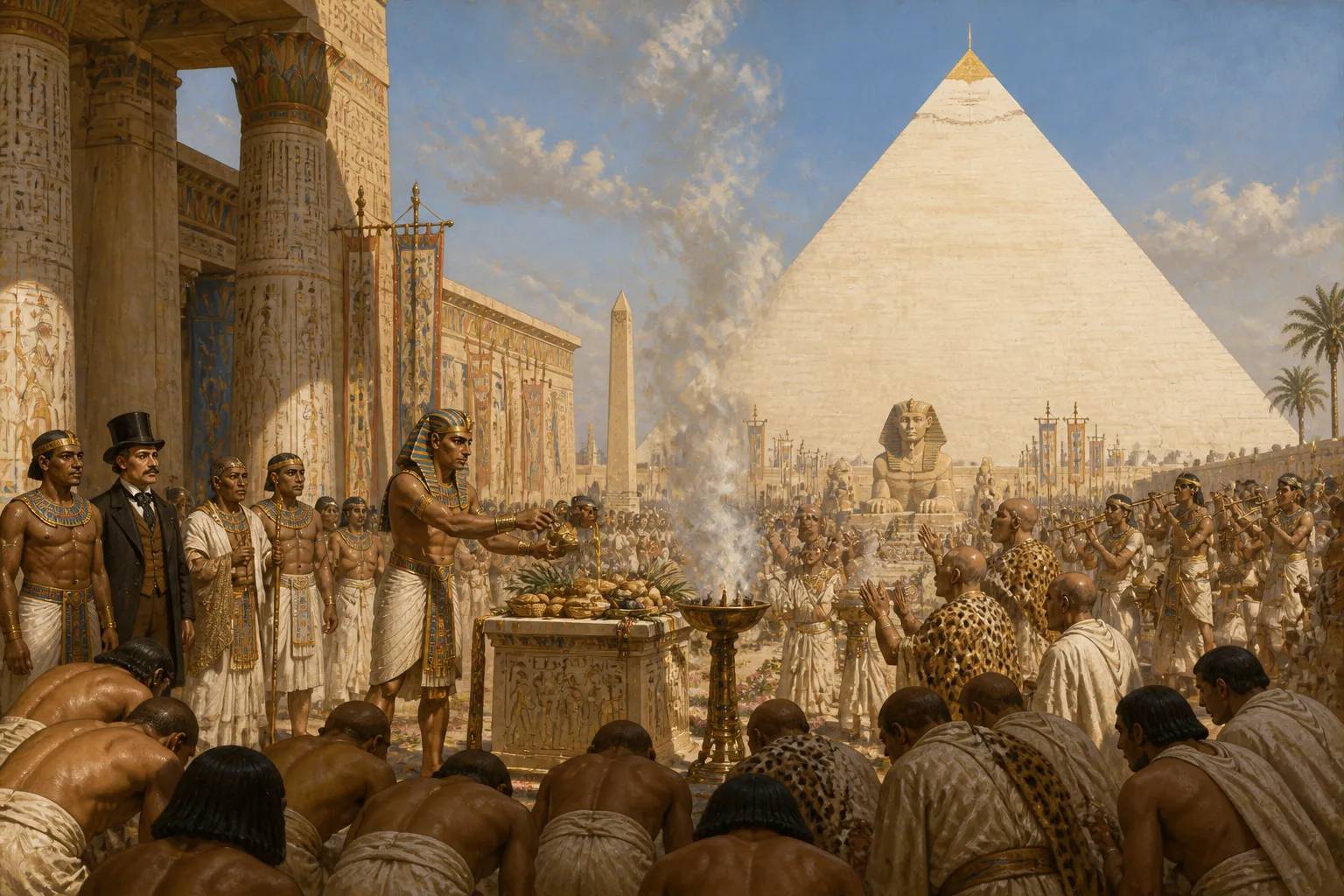 Mit der Pyramide kurz vor der Vollendung überwacht Pharao Khufu eine große Zeremonie in Gizeh, wo die majestätische Struktur als Zeugnis göttlichen Ehrgeizes… Mit der Pyramide kurz vor der Vollendung überwacht Pharao Khufu eine große Zeremonie in Gizeh, wo die majestätische Struktur als Zeugnis göttlichen Ehrgeizes…