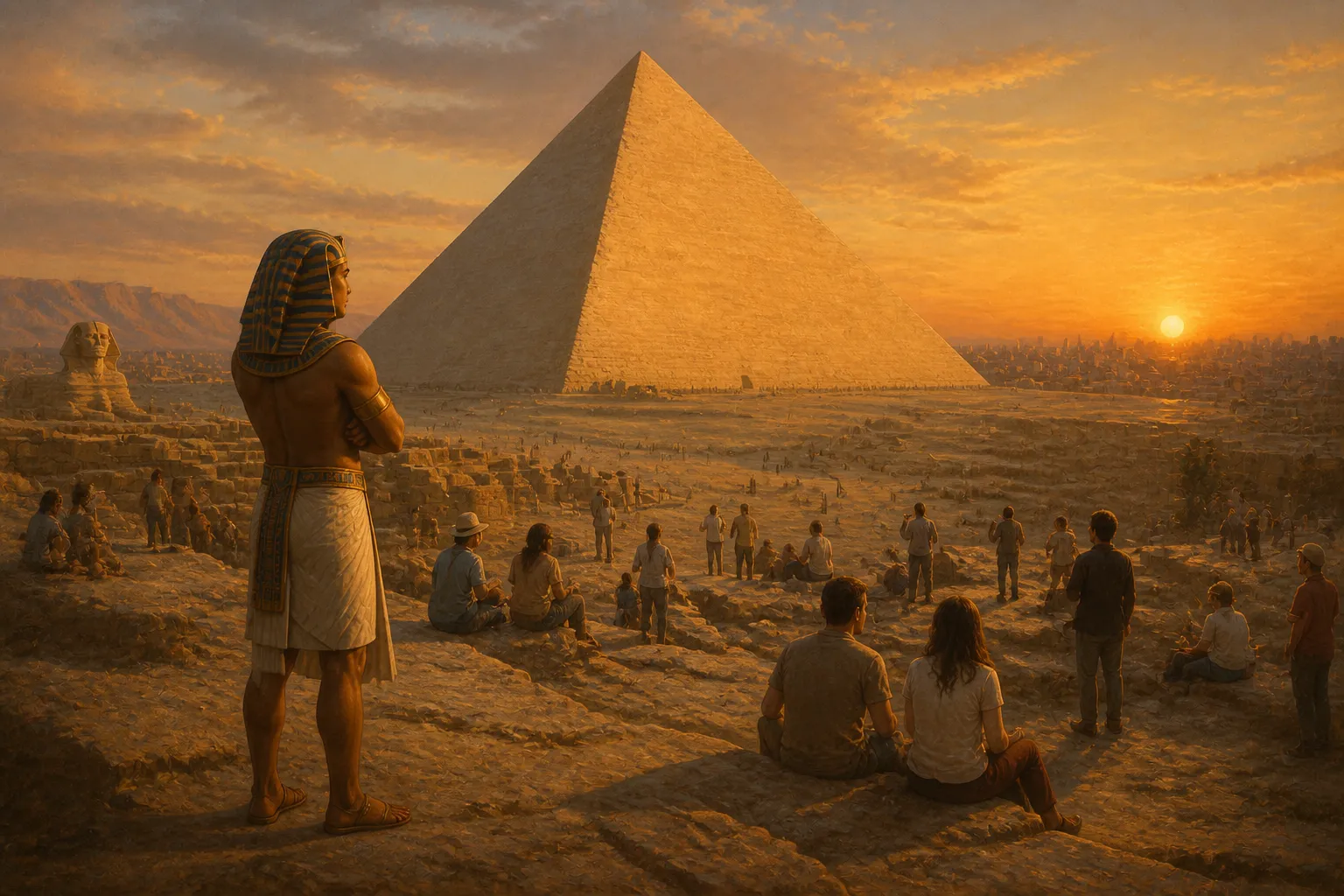 Kehren Sie noch einmal in die Gegenwart zurück, stehend im Schatten der Großen Pyramide. Ihre verwitterten Steine erzählen Geschichten von Schöpfung… Kehren Sie noch einmal in die Gegenwart zurück, stehend im Schatten der Großen Pyramide. Ihre verwitterten Steine erzählen Geschichten von Schöpfung…