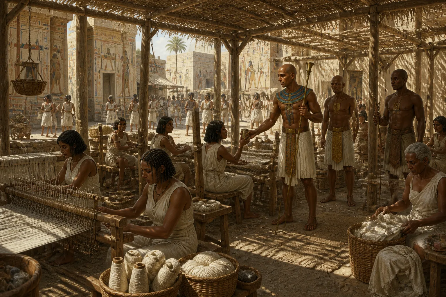 داخل ورش النسيج الصاخبة في طيبة، سادت سيمفونية ساحرة من الإيقاع والحركة في الهواء. أصبحت الأنوال الأفقية، ابتكارات عصرها، امتدادًا لأيدي النساجين المهرة.