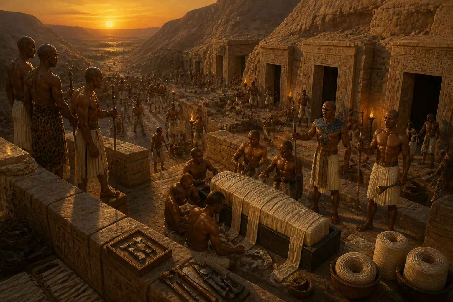 في وادي الملوك، حيث كان إرث الفراعنة محفوظًا أبديًا، خدم الكتان غرضه النهائي. كانت المقابر، المنحوتة في التلال الوعرة، تقف كحراس صامتين في انتظار سكانها…