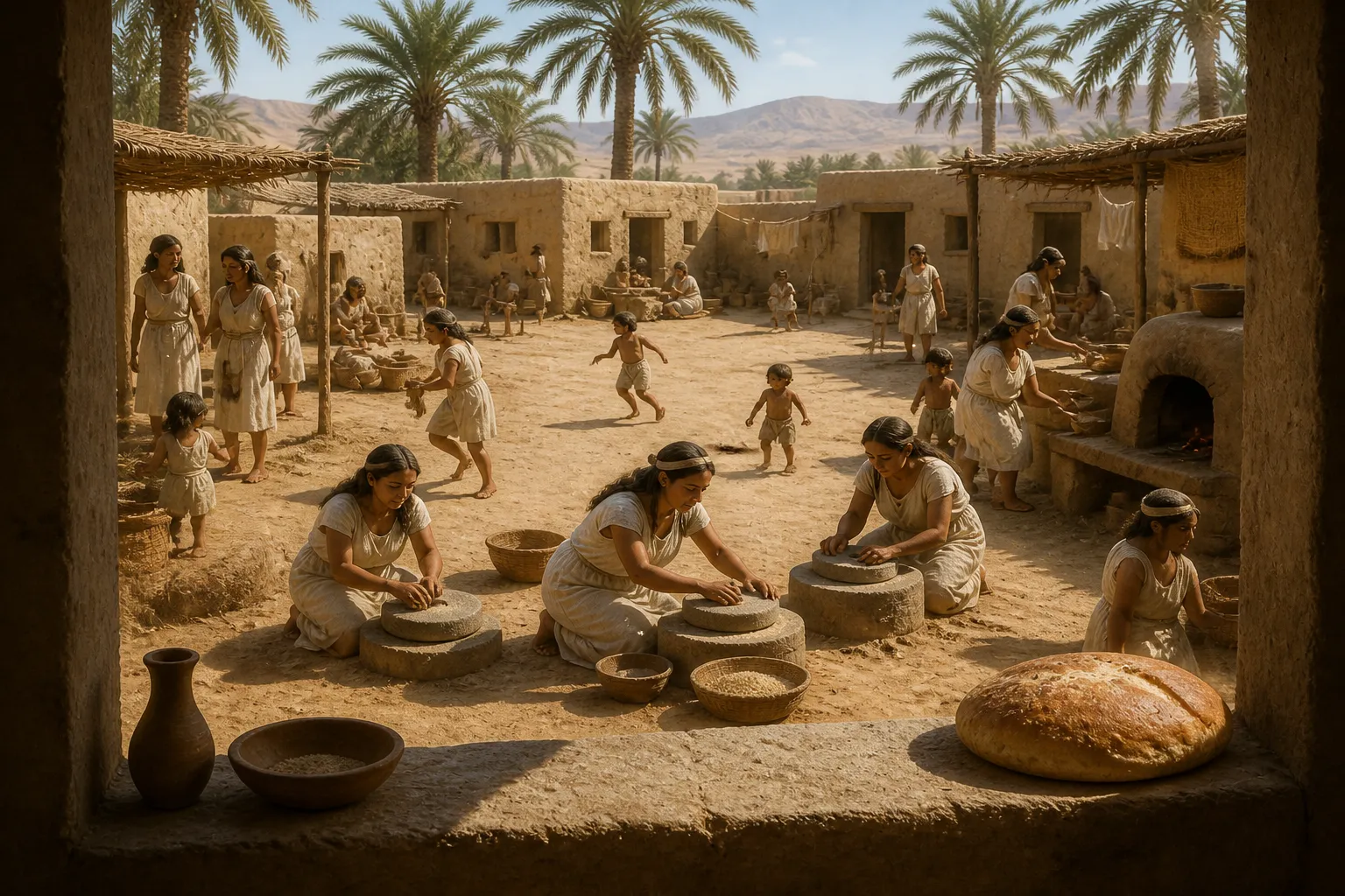 في القرى المتناثرة بالقرب من المدينة القديمة طيبة، ألقت شمس الصباح أشعتها الذهبية، مضيئة الحركة الإيقاعية للنساء العاملات بأحجار الرحى.