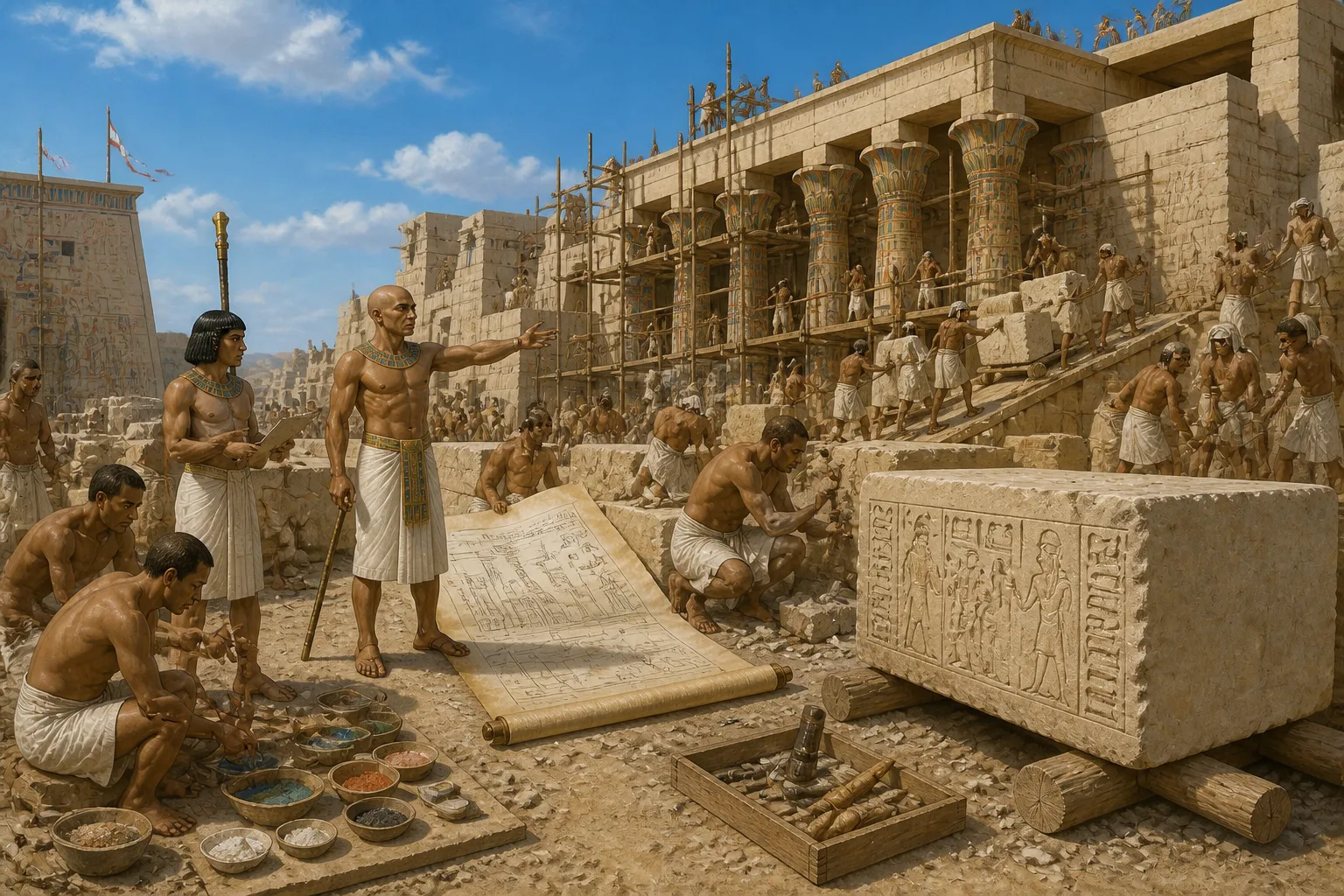 في موقع بناء المعبد بالقرب من الأقصر، وقف المهندس الملكي، شخصية وحيدة ضد خلفية تحفة فنية ناشئة. وسط الامتداد المشمس للأحجار الصاعدة، اتخذت رؤيته شكلًا ملموسًا.