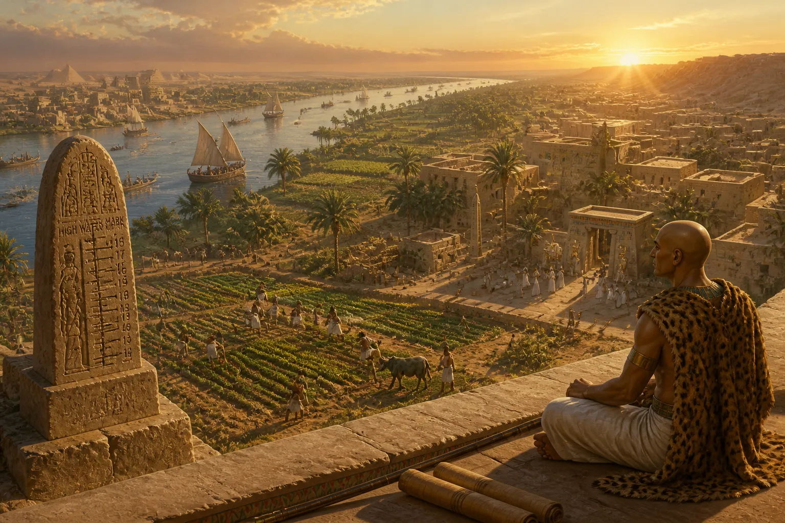 مع غروب الشمس فوق وادي النيل المهيب، غمر المناظر الطبيعية بتوهج ذهبي دافئ، مضيئًا الدورة الزمنية الأبدية للفصول التي بدت أبدية مثل النجوم.
