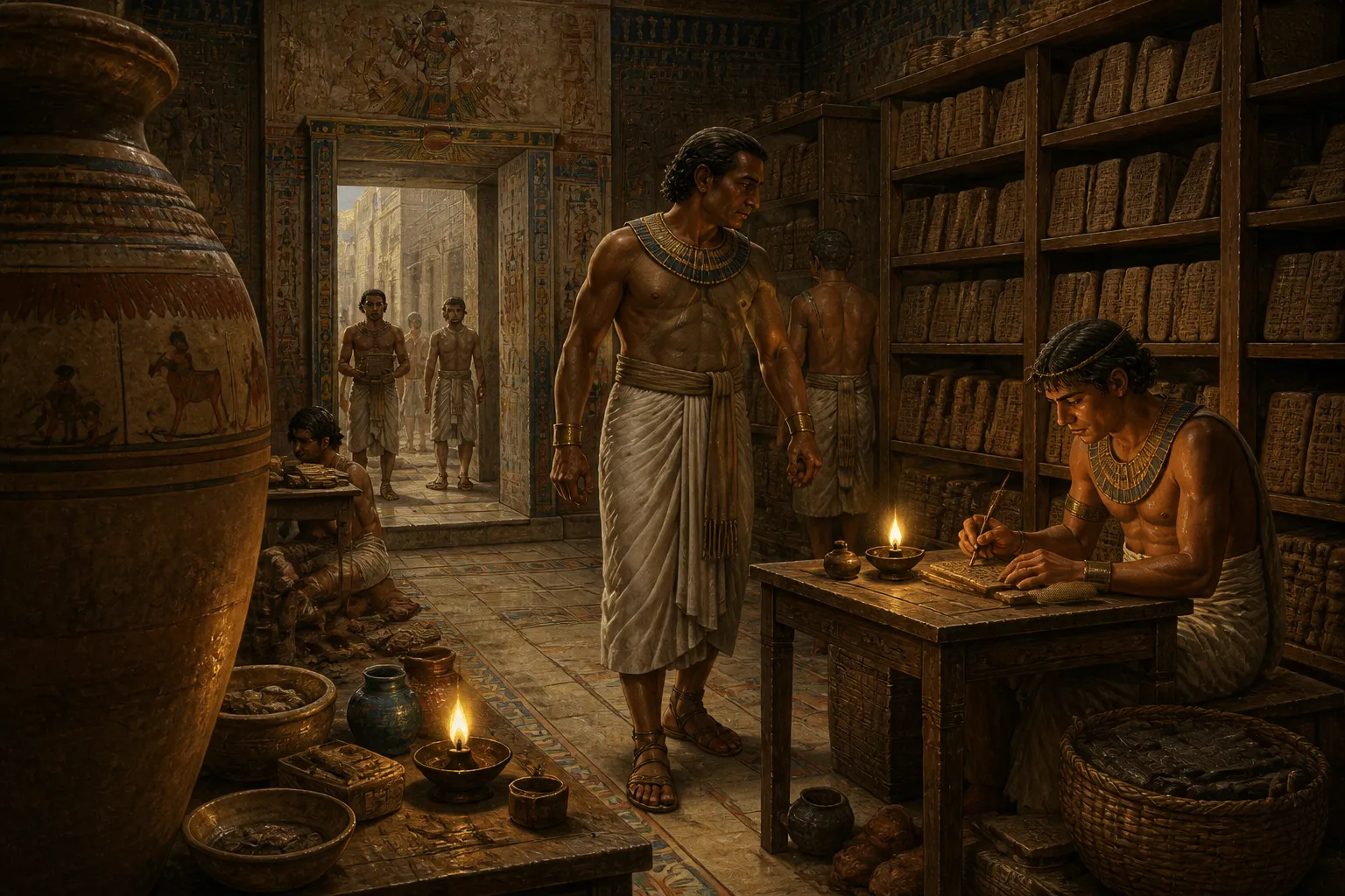 In the dimly lit chamber of a Mesopotamian merchant's office, shadows danced on the walls as a single flickering oil lamp fought against the darkness. In the dimly lit chamber of a Mesopotamian merchant's office, shadows danced on the walls as a single flickering oil lamp fought against the darkness.
