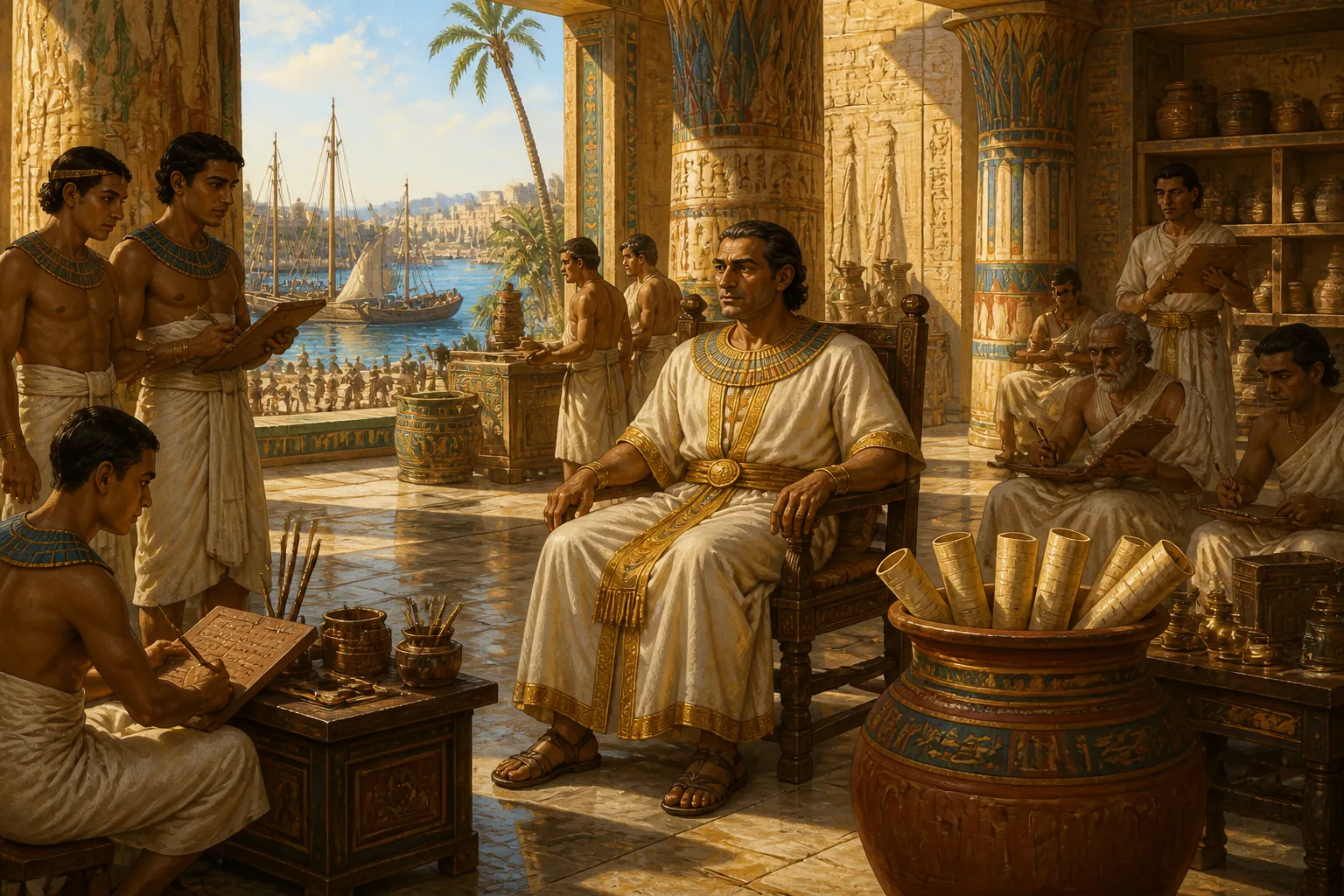 In the prosperous port city of Dilmun, a renowned merchant reviews the complaint received from Ur. Seated in his grand hall, where palm trees rustle with the… In the prosperous port city of Dilmun, a renowned merchant reviews the complaint received from Ur. Seated in his grand hall, where palm trees rustle with the…