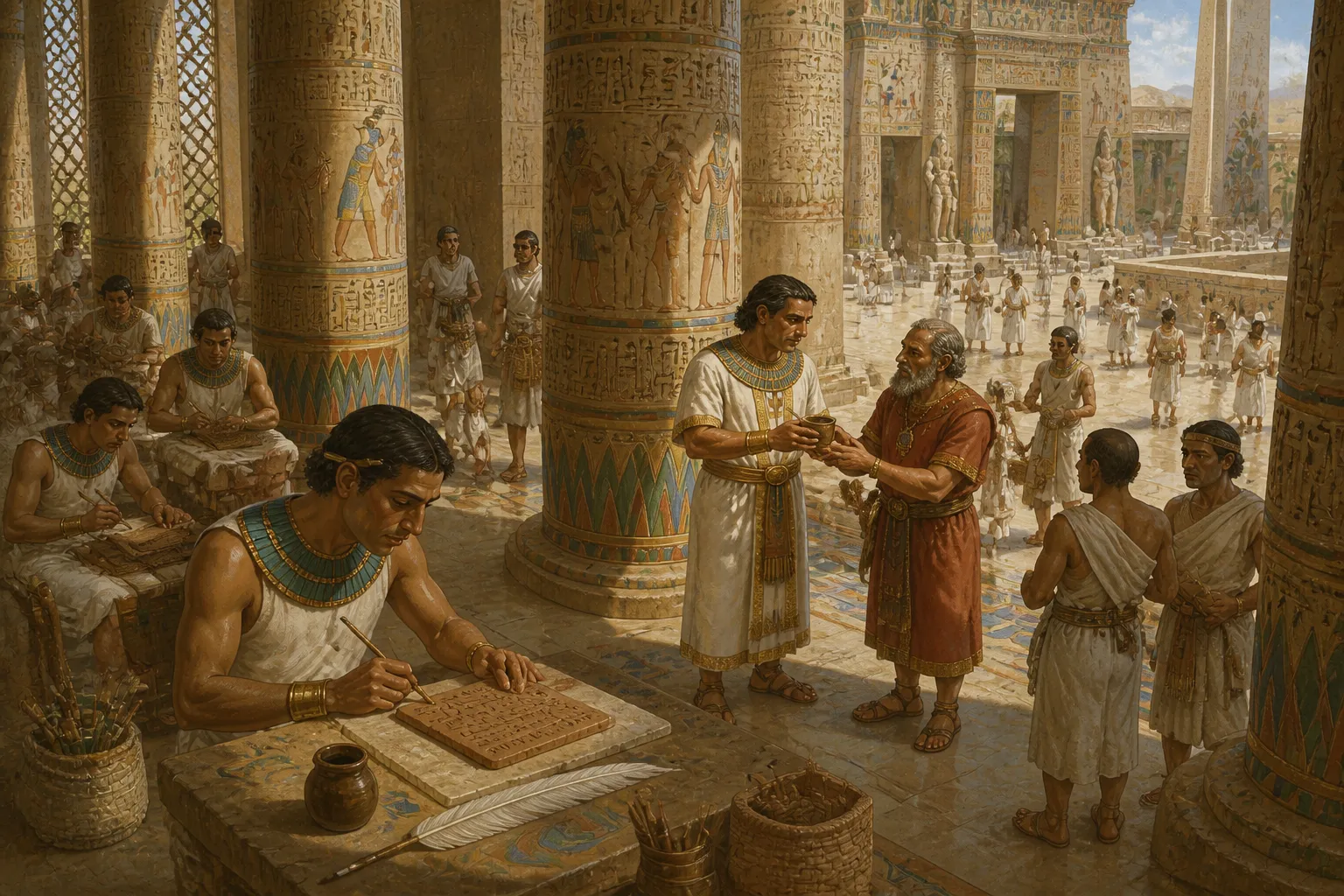 In the grand temple hall of Ur, sunlight filters through the intricately carved stone lattice windows, casting a delicate dance of shadows on the worn stone… In the grand temple hall of Ur, sunlight filters through the intricately carved stone lattice windows, casting a delicate dance of shadows on the worn stone…