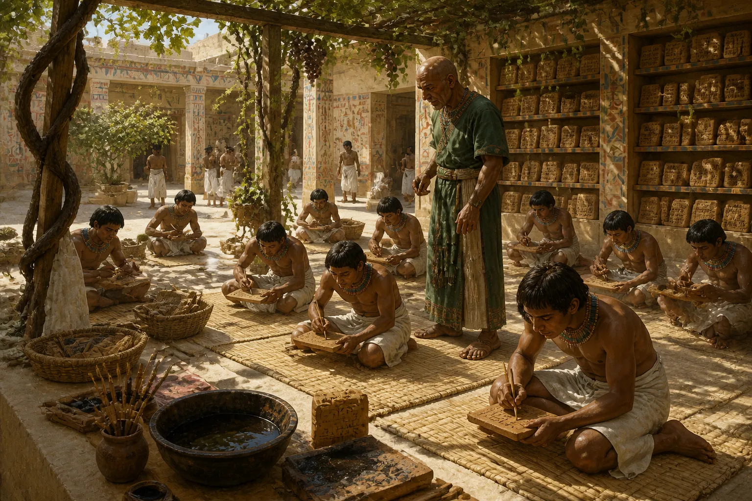 In the tranquil courtyard of a scribe school, the ambiance is one of quiet focus and dedication. Young students in simple linen kilts kneel attentively on reed… In the tranquil courtyard of a scribe school, the ambiance is one of quiet focus and dedication. Young students in simple linen kilts kneel attentively on reed…