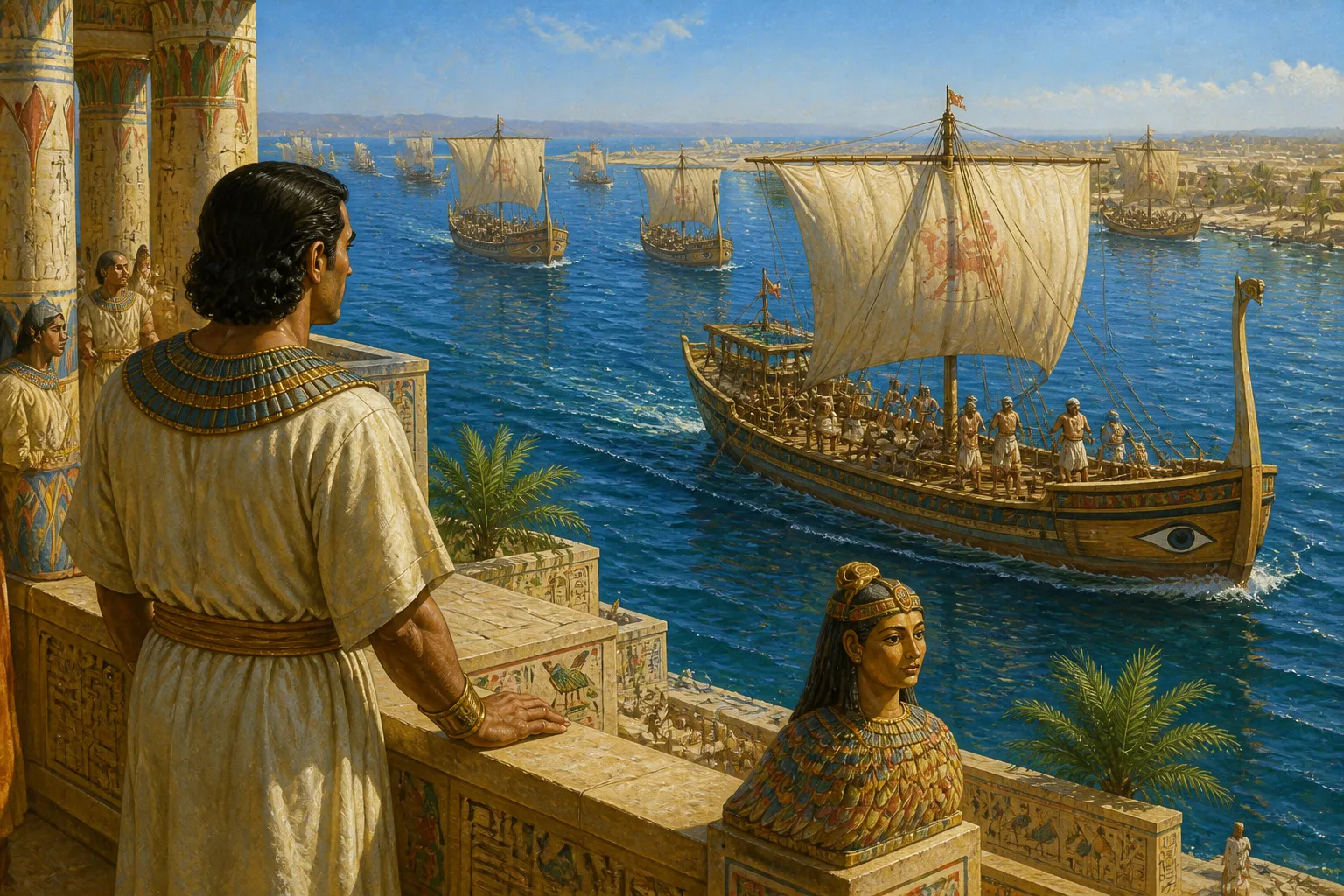 On the ancient sea route from Dilmun to Ur, a fleet of merchant ships sails forth, their wooden hulls sturdy and reliable. On the ancient sea route from Dilmun to Ur, a fleet of merchant ships sails forth, their wooden hulls sturdy and reliable.