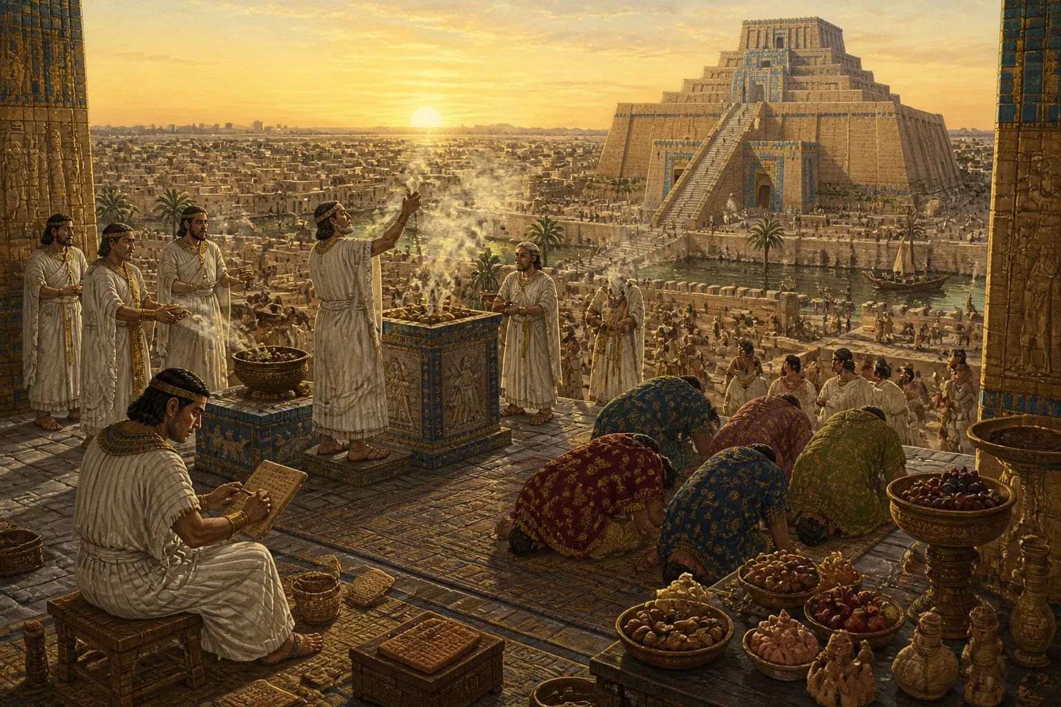 Beneath the towering ziggurat in Ur, the stone structure ascends with formidable grandeur, casting long shadows over the temple courtyard. Beneath the towering ziggurat in Ur, the stone structure ascends with formidable grandeur, casting long shadows over the temple courtyard.