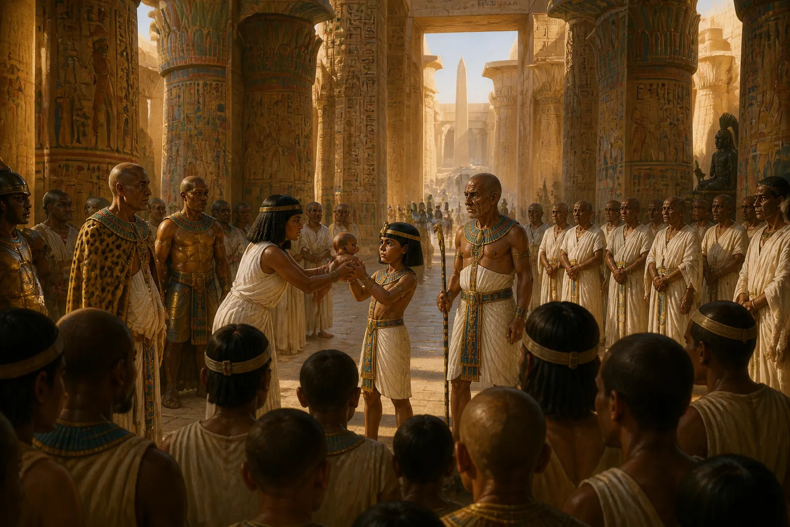 La gran sala de Karnak se alza resplandeciente bajo el ardiente sol egipcio mientras multitudes se reúnen para una proclamación trascendental. La gran sala de Karnak se alza resplandeciente bajo el ardiente sol egipcio mientras multitudes se reúnen para una proclamación trascendental.
