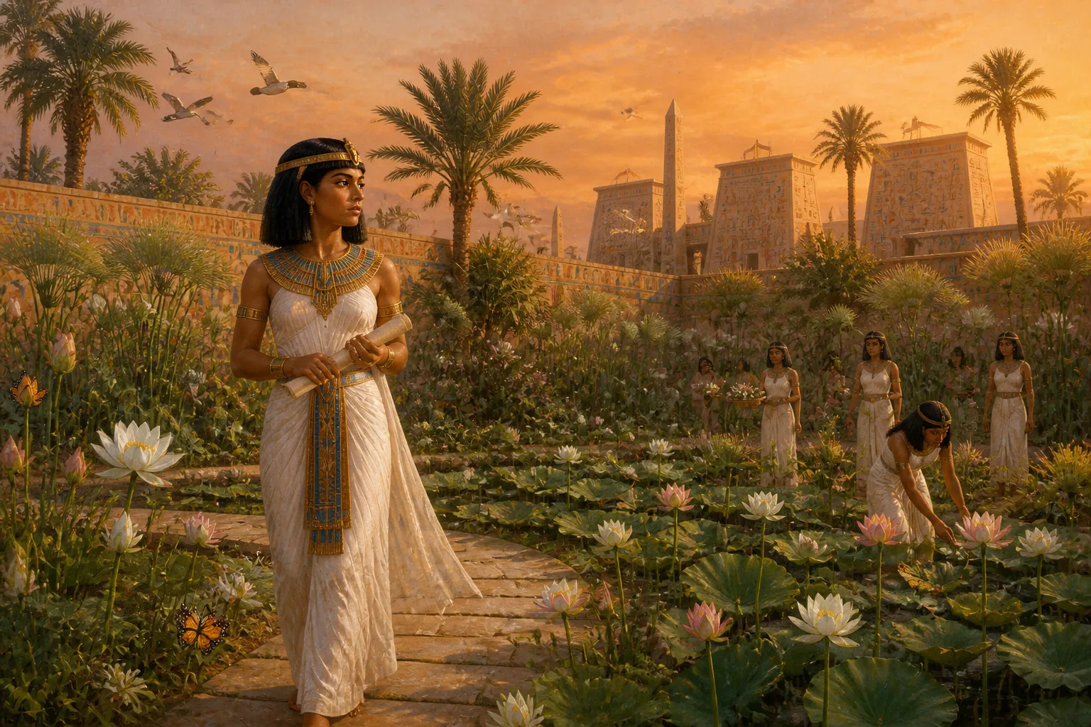 Ankhesenamón, la joven reina de Tutankhamón, pasea por el jardín de la residencia real en Tebas, su vestido de lino fluye como el Nilo, reflejando la gracia… Ankhesenamón, la joven reina de Tutankhamón, pasea por el jardín de la residencia real en Tebas, su vestido de lino fluye como el Nilo, reflejando la gracia…