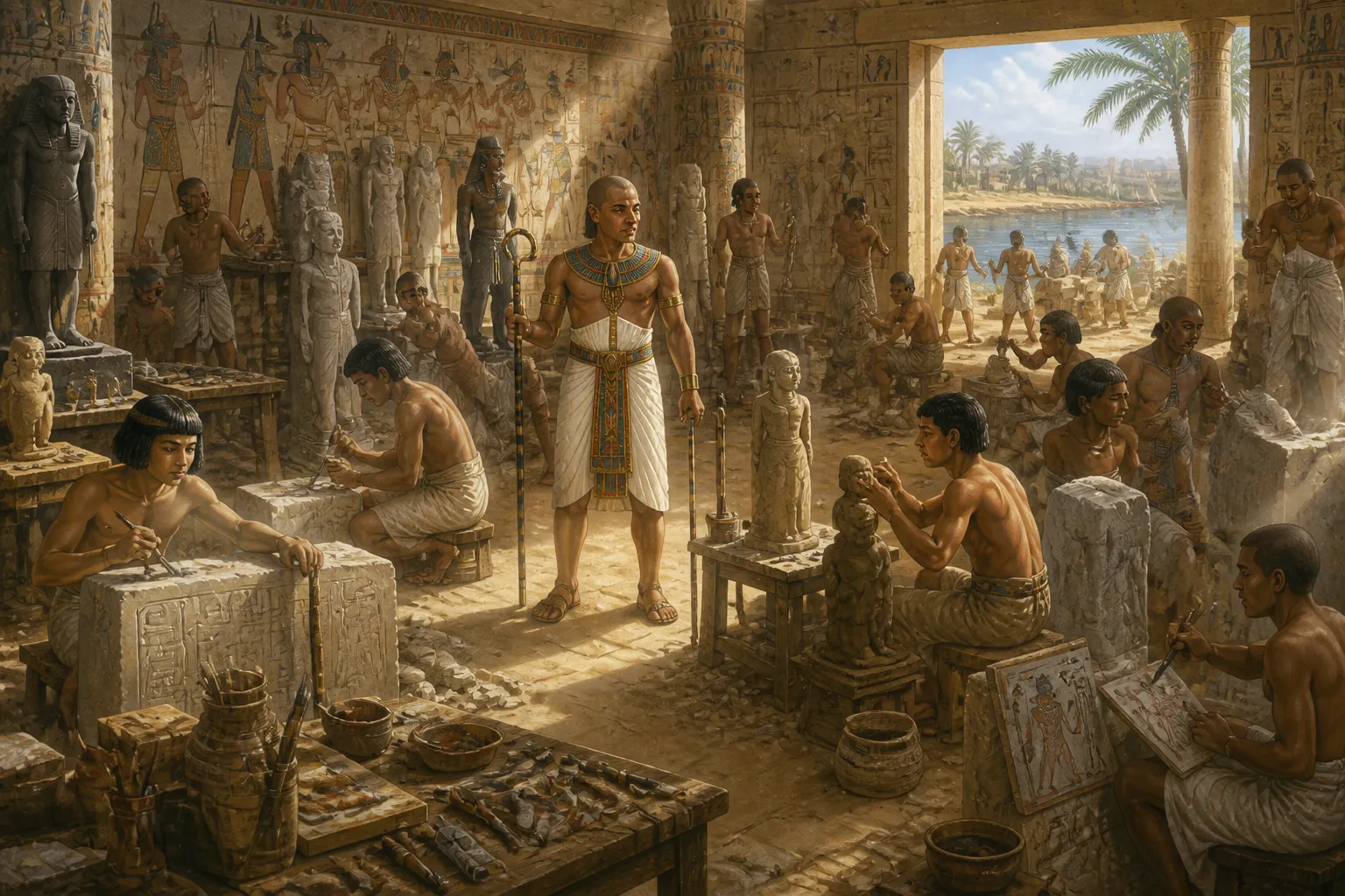 En un taller cerca de las orillas del Nilo, bajo la atenta mirada del maestro escultor Thutmose, los artesanos trabajan intensamente para crear nuevas estatuas… En un taller cerca de las orillas del Nilo, bajo la atenta mirada del maestro escultor Thutmose, los artesanos trabajan intensamente para crear nuevas estatuas…