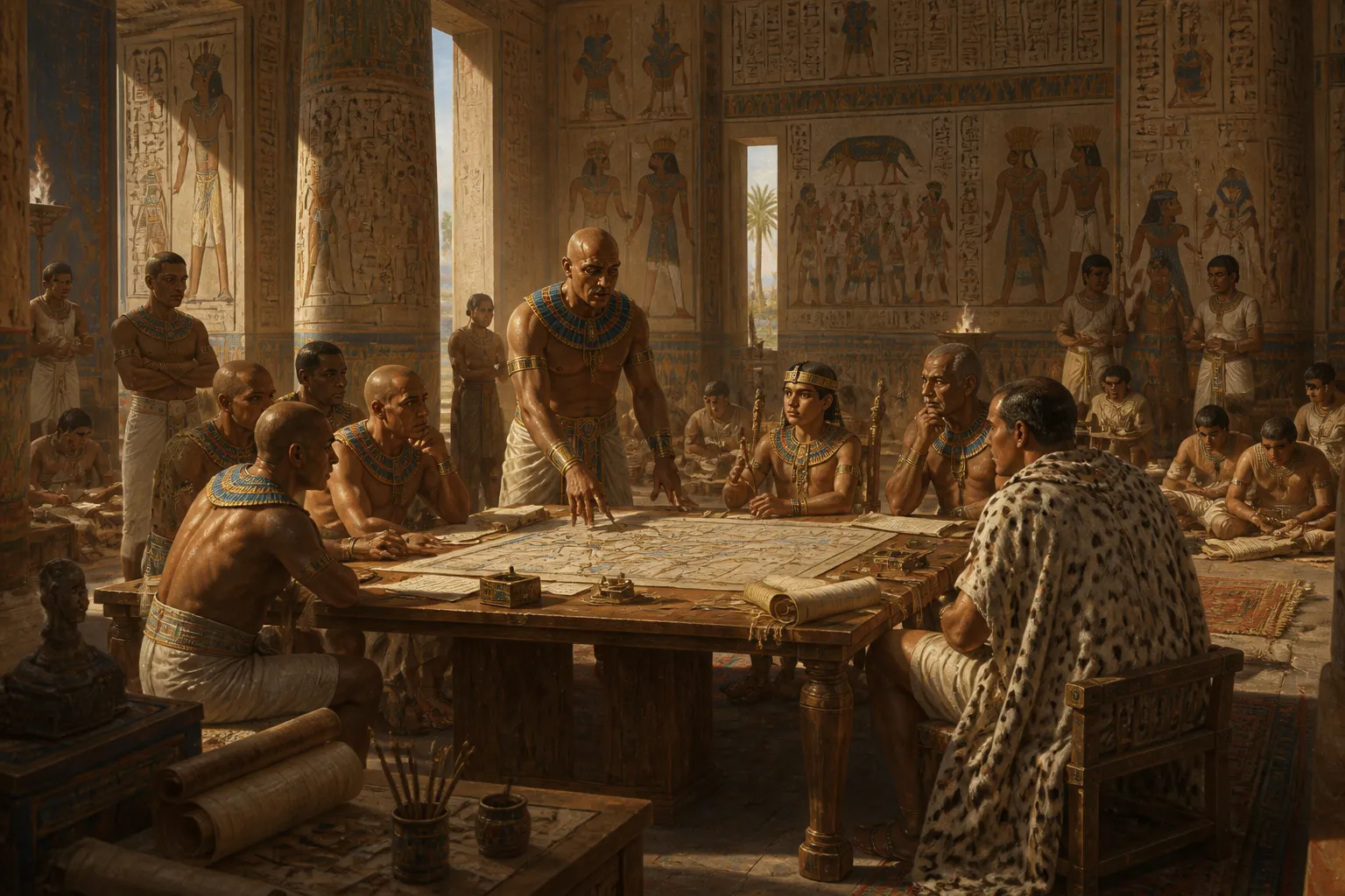 Bajo los altos techos de una sala del consejo en Menfis, los asesores se reúnen para planificar la siguiente fase de las restauraciones del templo. Bajo los altos techos de una sala del consejo en Menfis, los asesores se reúnen para planificar la siguiente fase de las restauraciones del templo.