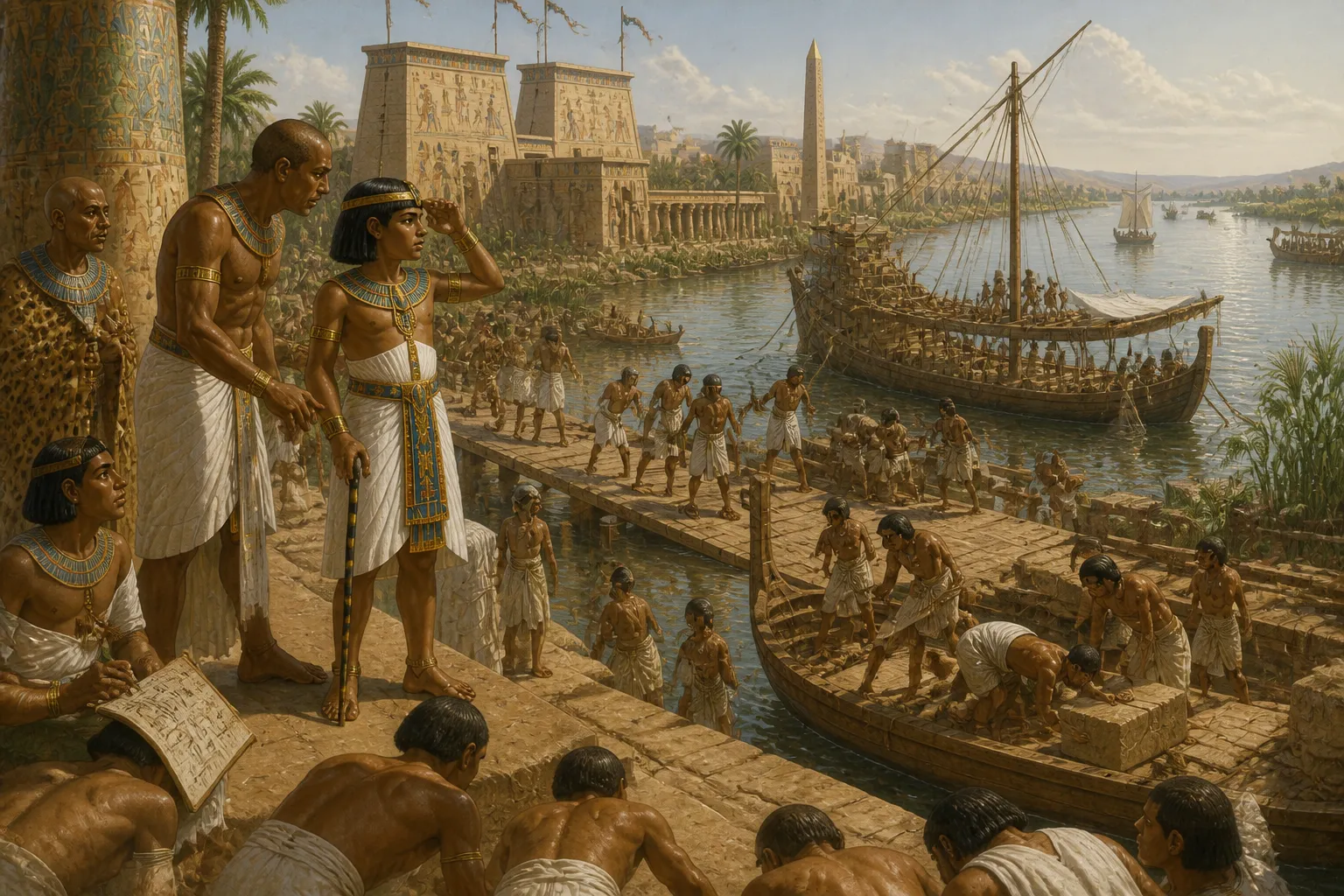 En las bulliciosas orillas del Nilo, donde atracan barcos cargados de piedra, Tutankhamón observa la actividad incansable. En las bulliciosas orillas del Nilo, donde atracan barcos cargados de piedra, Tutankhamón observa la actividad incansable.