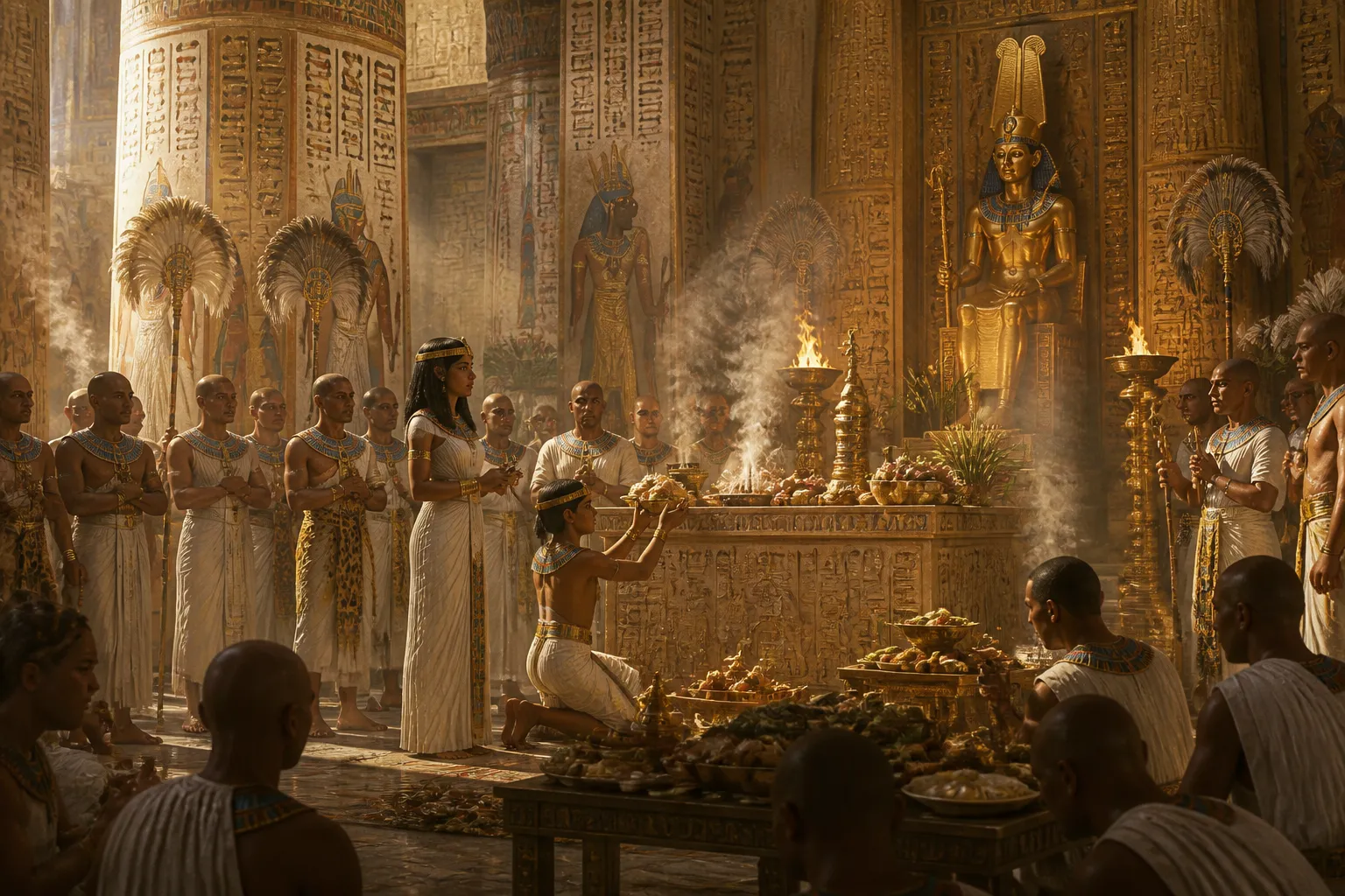 En el corazón de Karnak, sacerdotes con inmaculadas túnicas blancas cantan himnos solemnes, sus voces profundas y resonantes resuenan en las imponentes columnas… En el corazón de Karnak, sacerdotes con inmaculadas túnicas blancas cantan himnos solemnes, sus voces profundas y resonantes resuenan en las imponentes columnas…