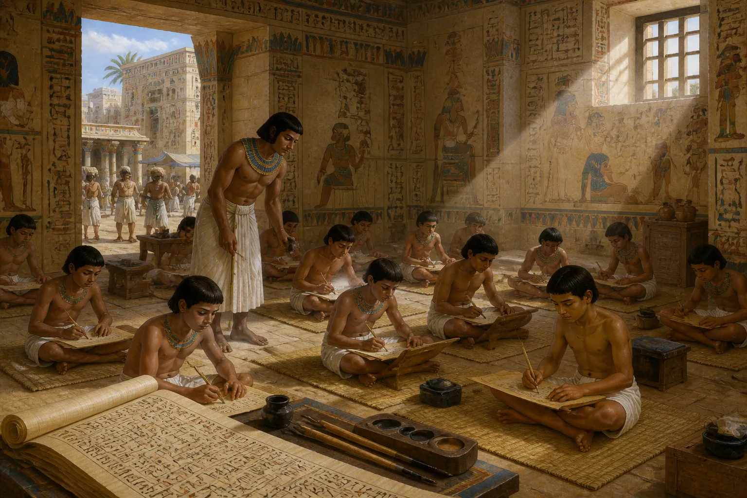 In the bustling schoolrooms of ancient Egypt, nestled within the vibrant city of Thebes, a father earnestly guided his son along the esteemed path to becoming a… In the bustling schoolrooms of ancient Egypt, nestled within the vibrant city of Thebes, a father earnestly guided his son along the esteemed path to becoming a…
