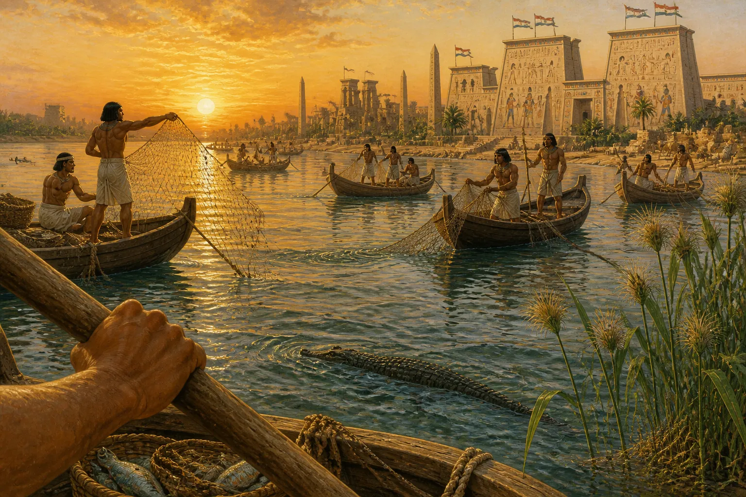 In the soft glow of dawn, fishermen embarked upon the Nile, their boats heavy with nets and laden with hopes. This river, the very lifeblood of ancient Egypt… In the soft glow of dawn, fishermen embarked upon the Nile, their boats heavy with nets and laden with hopes. This river, the very lifeblood of ancient Egypt…