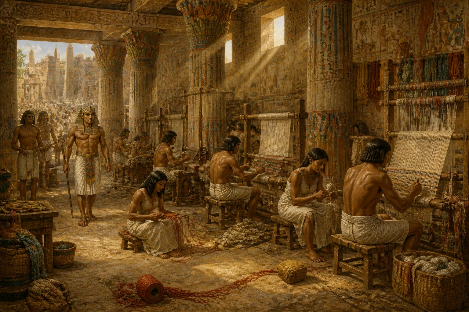 In the shadowed corners of Thebes, within a bustling weaving workshop, the air resonated with the rhythmic clatter of looms as voices mingled with the soft hum… In the shadowed corners of Thebes, within a bustling weaving workshop, the air resonated with the rhythmic clatter of looms as voices mingled with the soft hum…