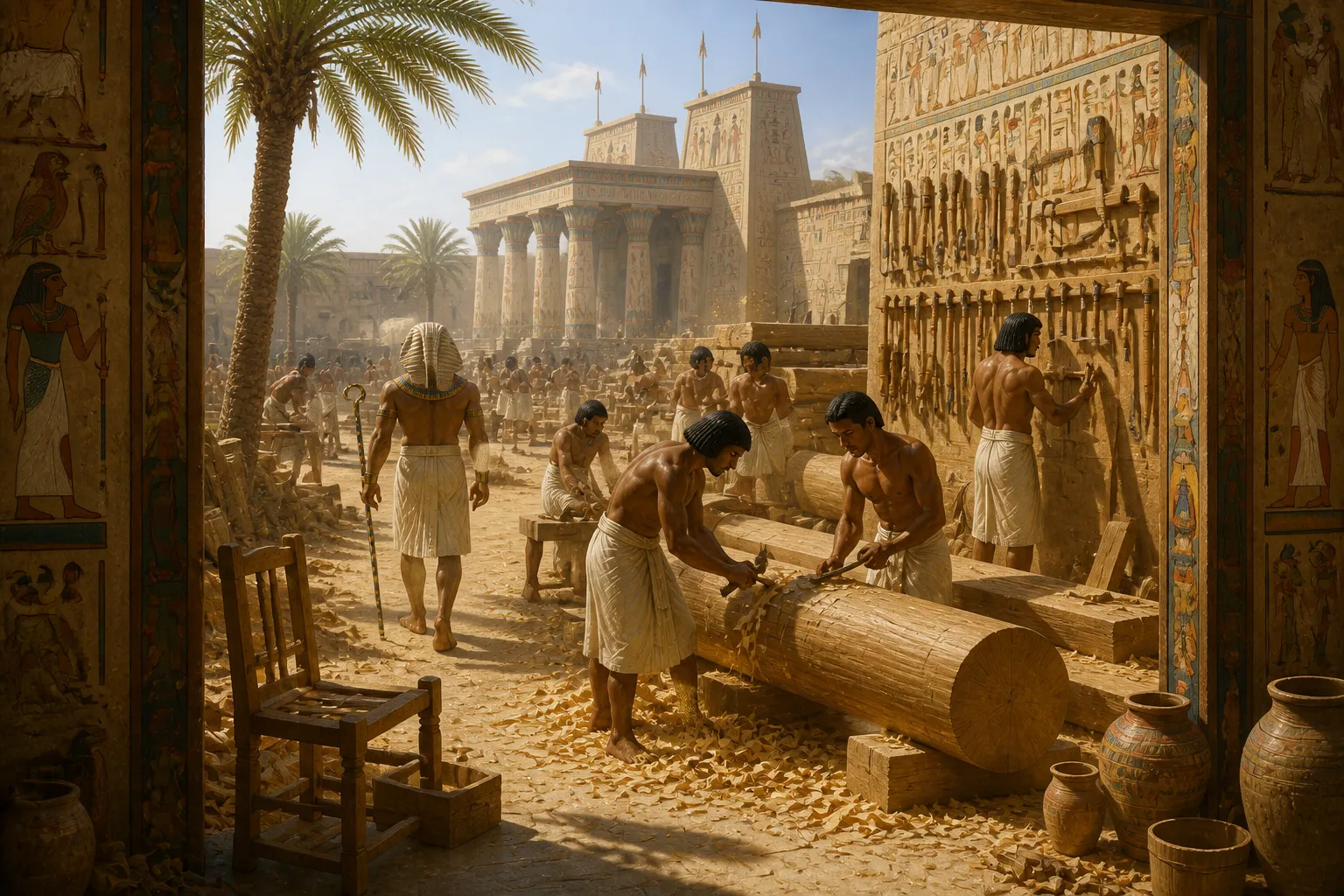 In a sunlit courtyard filled with the musk of fresh sawdust, carpenters meticulously crafted the structures that defined ancient Egyptian life, where the scent… In a sunlit courtyard filled with the musk of fresh sawdust, carpenters meticulously crafted the structures that defined ancient Egyptian life, where the scent…