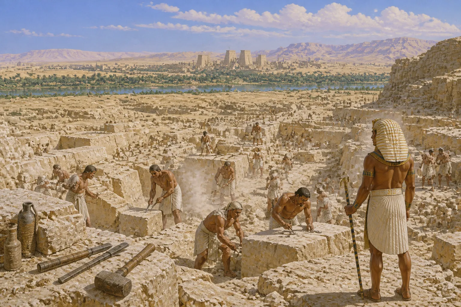In the vastness of a sunlit desert quarry, stone cutters toiled relentlessly against the massive limestone blocks that would become the backbone of Egypt's… In the vastness of a sunlit desert quarry, stone cutters toiled relentlessly against the massive limestone blocks that would become the backbone of Egypt's…