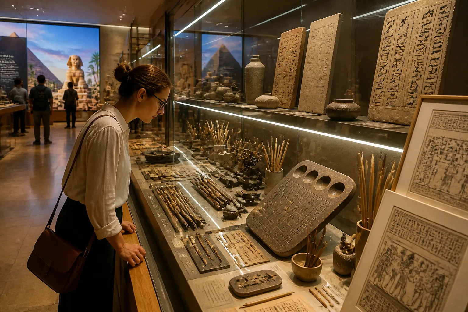 The tools of a scribe were as revered as the roles they played. At the Louvre, a collection displays a palette and reed pens, much like those held by The Seated… The tools of a scribe were as revered as the roles they played. At the Louvre, a collection displays a palette and reed pens, much like those held by The Seated…