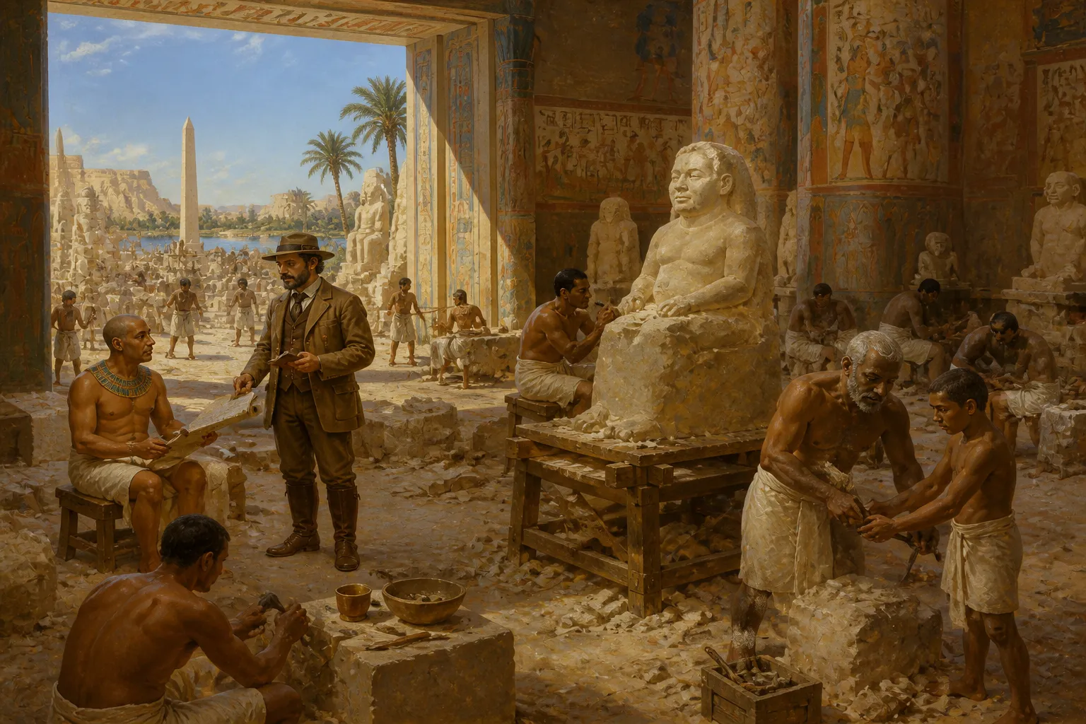 In the ancient workshops of Saqqara, under the watchful eyes of the sculptors, figures like The Seated Scribe were born. In the ancient workshops of Saqqara, under the watchful eyes of the sculptors, figures like The Seated Scribe were born.
