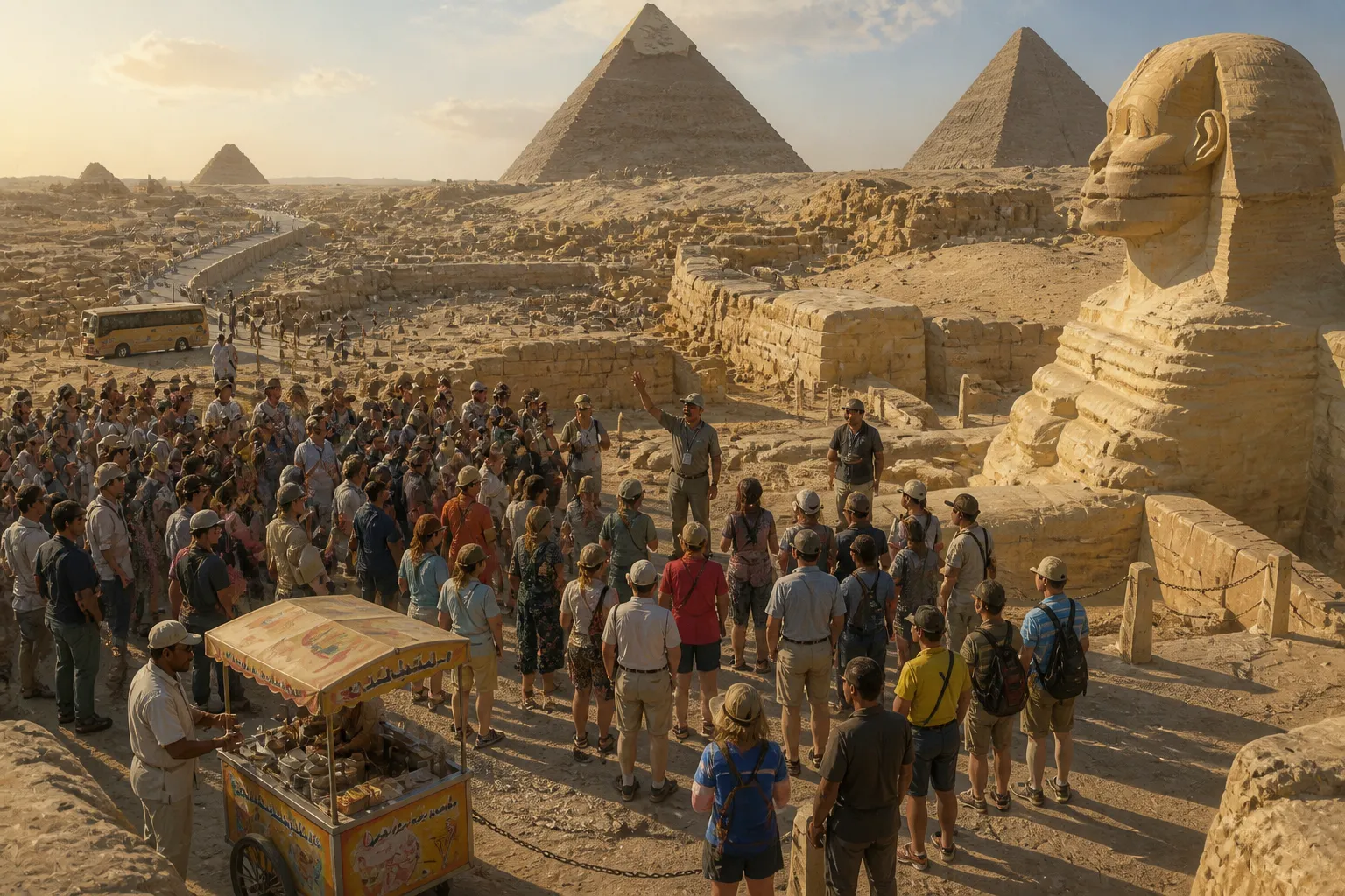Visitatori da tutto il mondo si affollano a Giza, attratti dai misteri della Sfinge e dall'allure del suo sguardo antico. Visitatori da tutto il mondo si affollano a Giza, attratti dai misteri della Sfinge e dall'allure del suo sguardo antico.