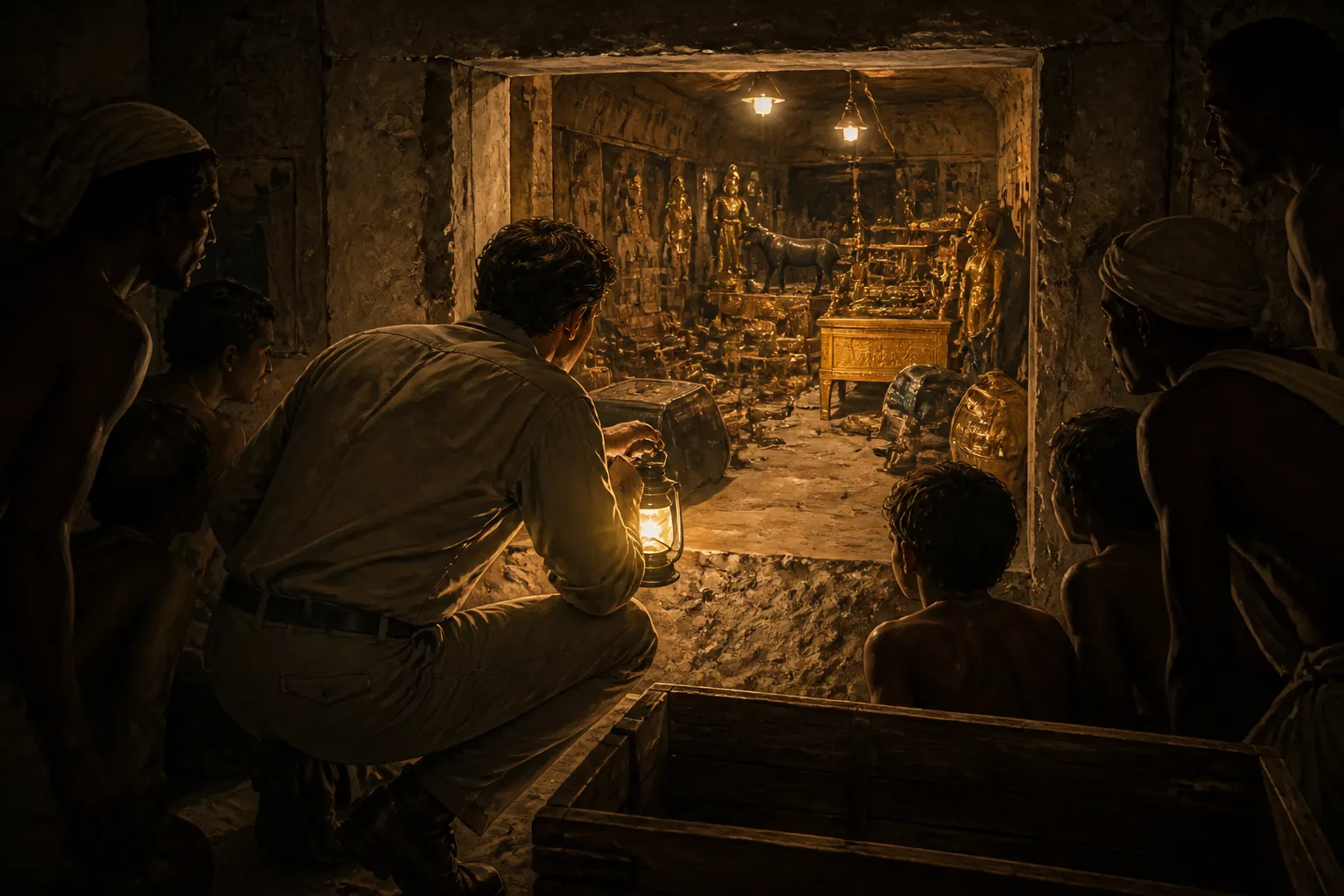 Nach mühsamen Stunden präziser Arbeit gibt die antike Steintür schließlich nach. Howard Carter, mit Erwartung in jedem Zug eingeprägt, späht durch die schmale… Nach mühsamen Stunden präziser Arbeit gibt die antike Steintür schließlich nach. Howard Carter, mit Erwartung in jedem Zug eingeprägt, späht durch die schmale…