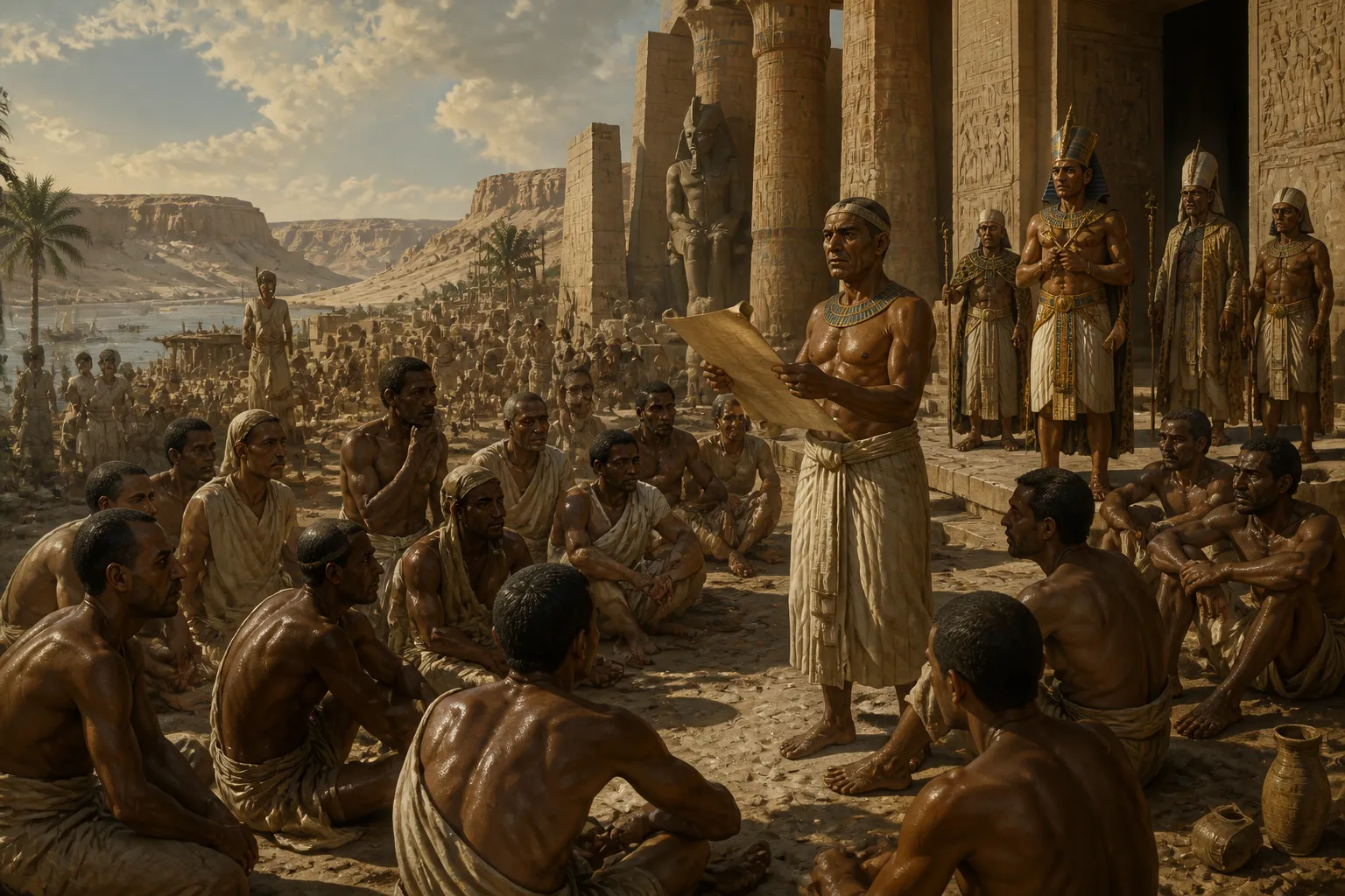 On a sweltering day in 1170 BC, a crowd of workmen, weary and aggrieved, gathered at Deir el-Medina. For eighteen long days, their wages had been overdue, a… On a sweltering day in 1170 BC, a crowd of workmen, weary and aggrieved, gathered at Deir el-Medina. For eighteen long days, their wages had been overdue, a…