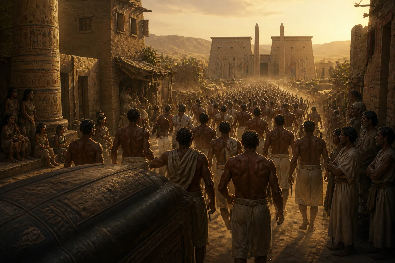 As dawn breaks over Thebes, a determined procession of artisans and laborers strides resolutely through the dusty streets, their tools abandoned but their… As dawn breaks over Thebes, a determined procession of artisans and laborers strides resolutely through the dusty streets, their tools abandoned but their…