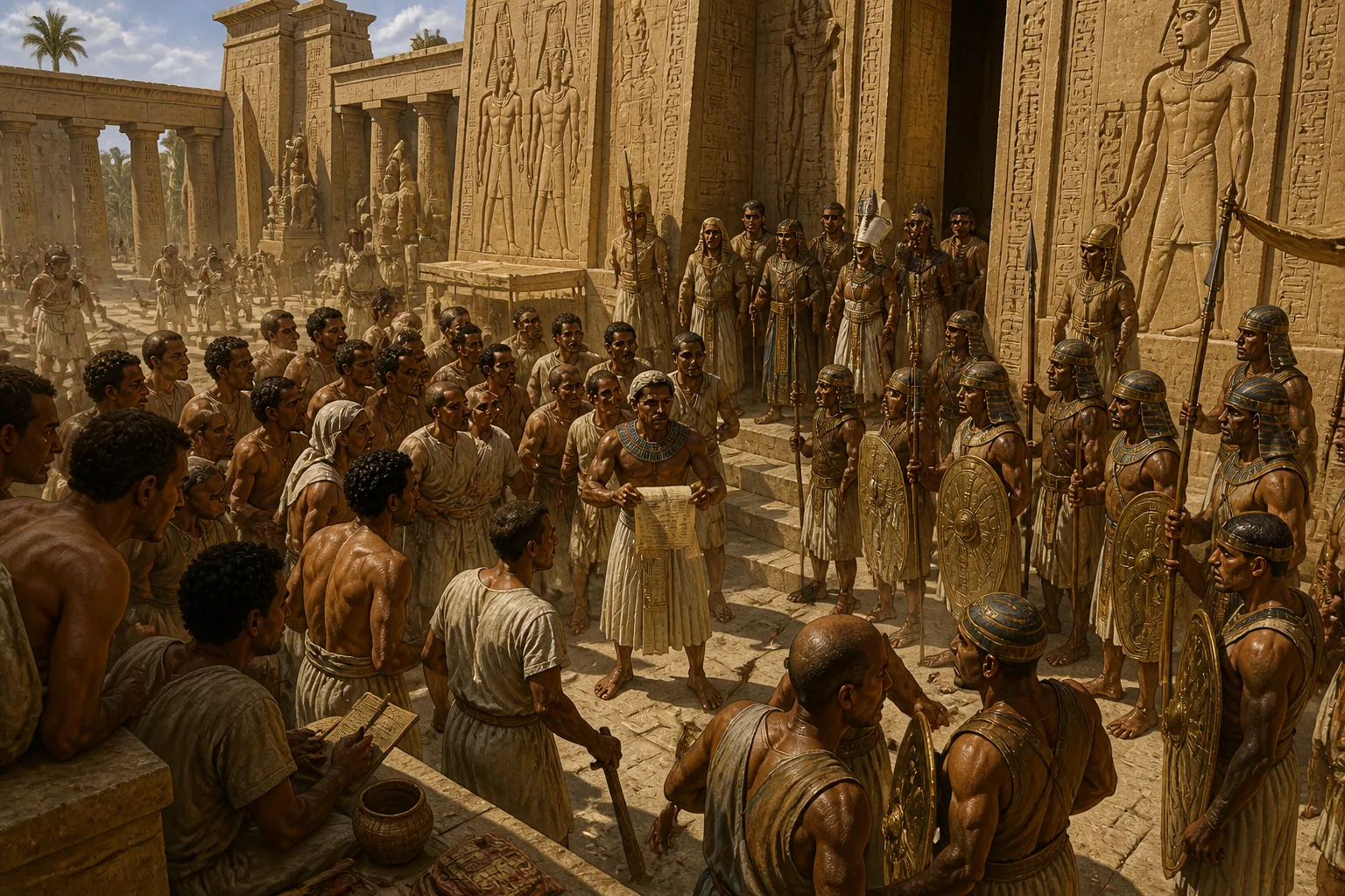 At the gates of the Ramesseum, the procession halts abruptly, confronted by the steadfast line of imposing guards. These guards, clad in leather skirts and… At the gates of the Ramesseum, the procession halts abruptly, confronted by the steadfast line of imposing guards. These guards, clad in leather skirts and…