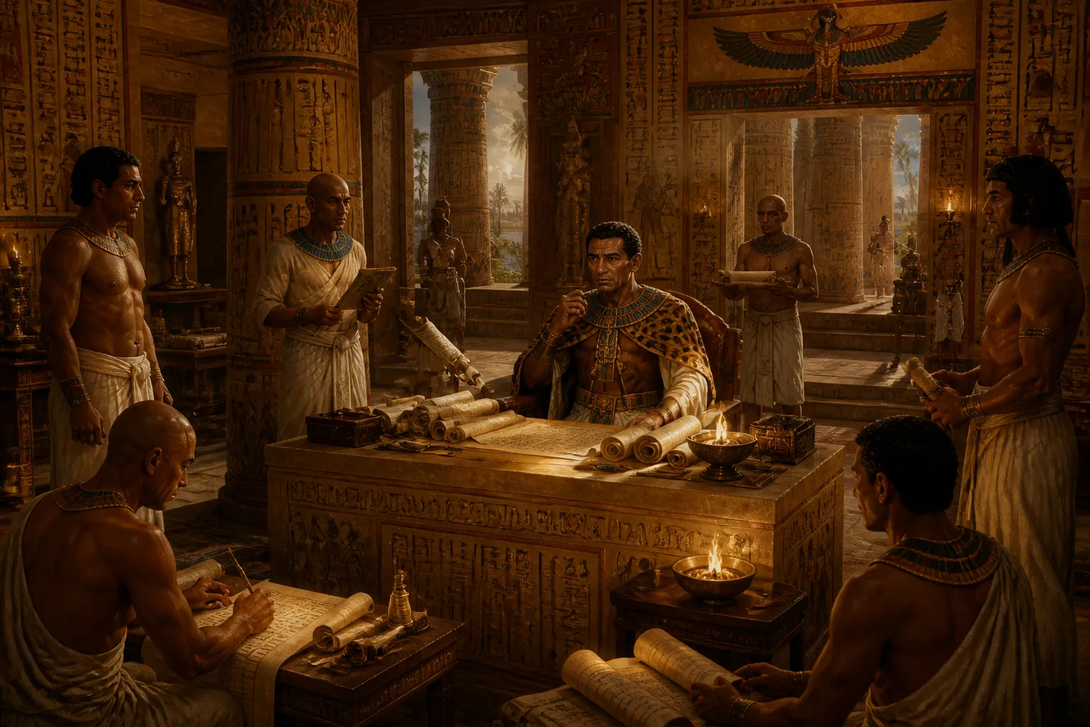 Within the cool stone halls of the vizier's residence, the atmosphere is fraught with tension and anticipation. Vizier To, the pharaoh's right hand, sits in… Within the cool stone halls of the vizier's residence, the atmosphere is fraught with tension and anticipation. Vizier To, the pharaoh's right hand, sits in…